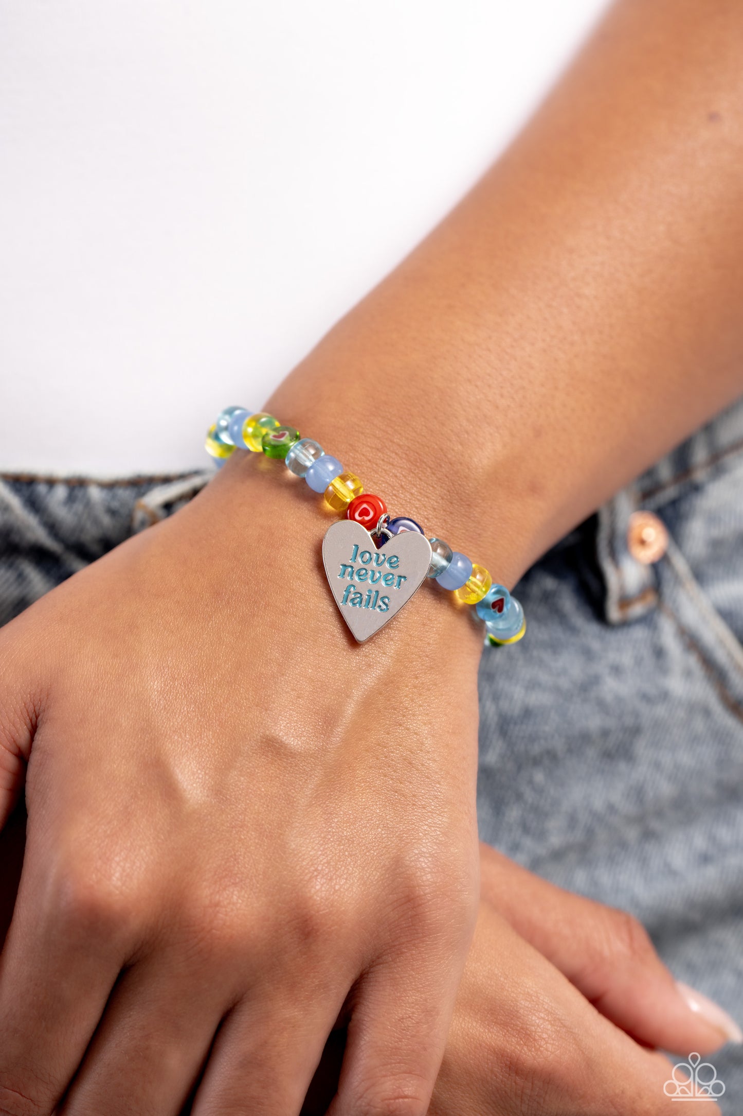 Unstoppable Love - Multicolored Glassy Bead Heart Inspirational "love never fails" Bracelet Paparazzi B1357