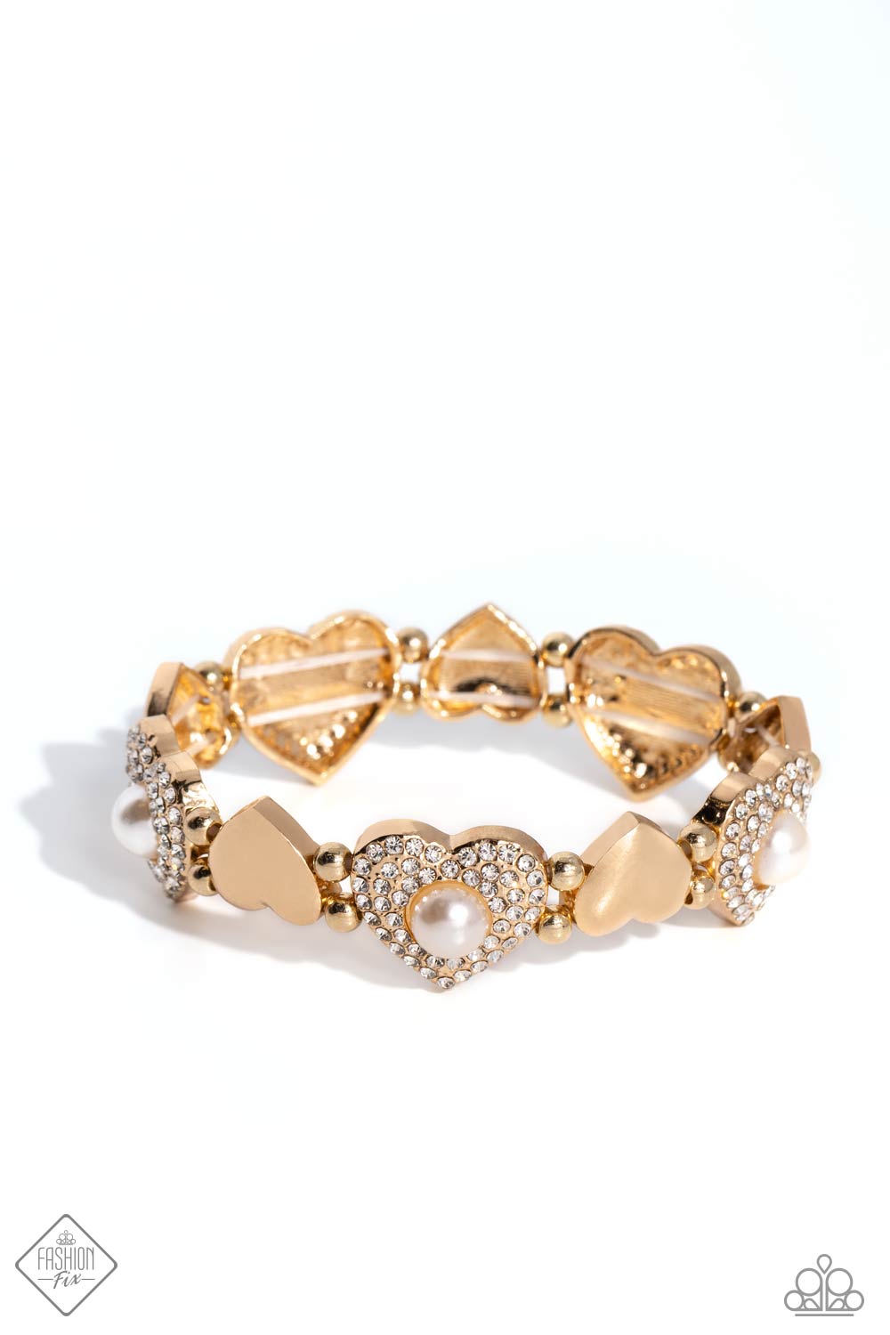 Heartfelt Heirloom - Gold Heart White Rhinestone Stretch Bracelet Fashion Fix March 2024 Paparazzi B1474