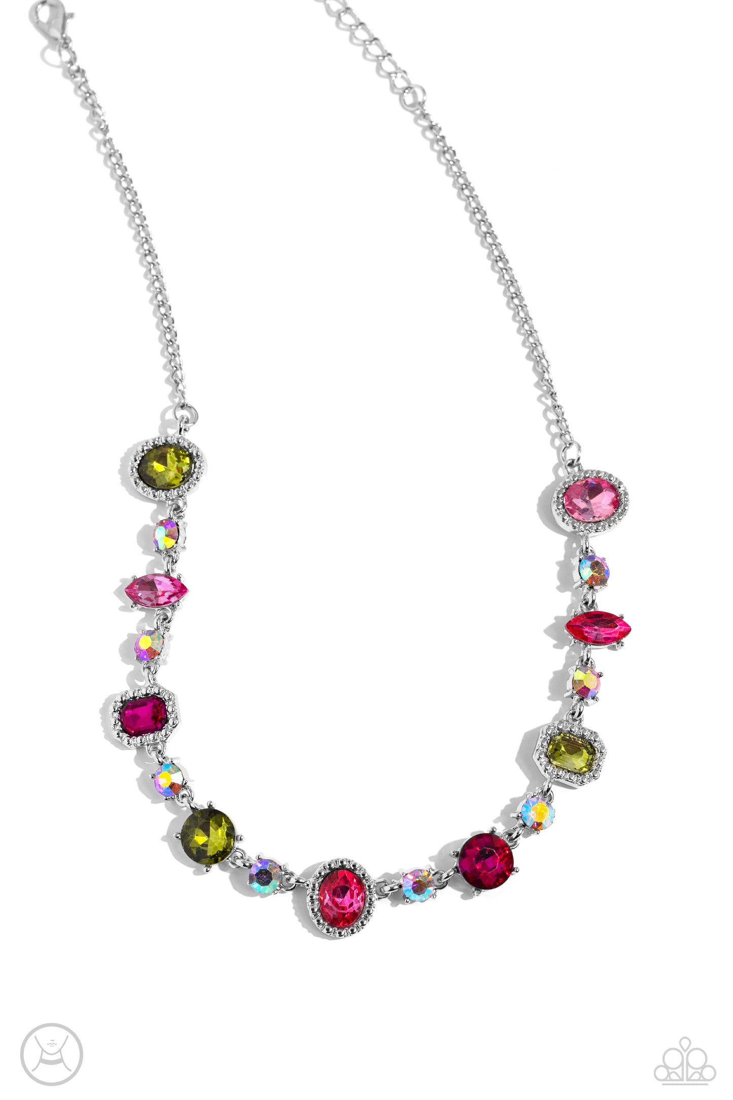 Dramatic Debut - Multicolored Pink, Green & Iridescent Rhinestone Choker Necklace Paparazzi N2149