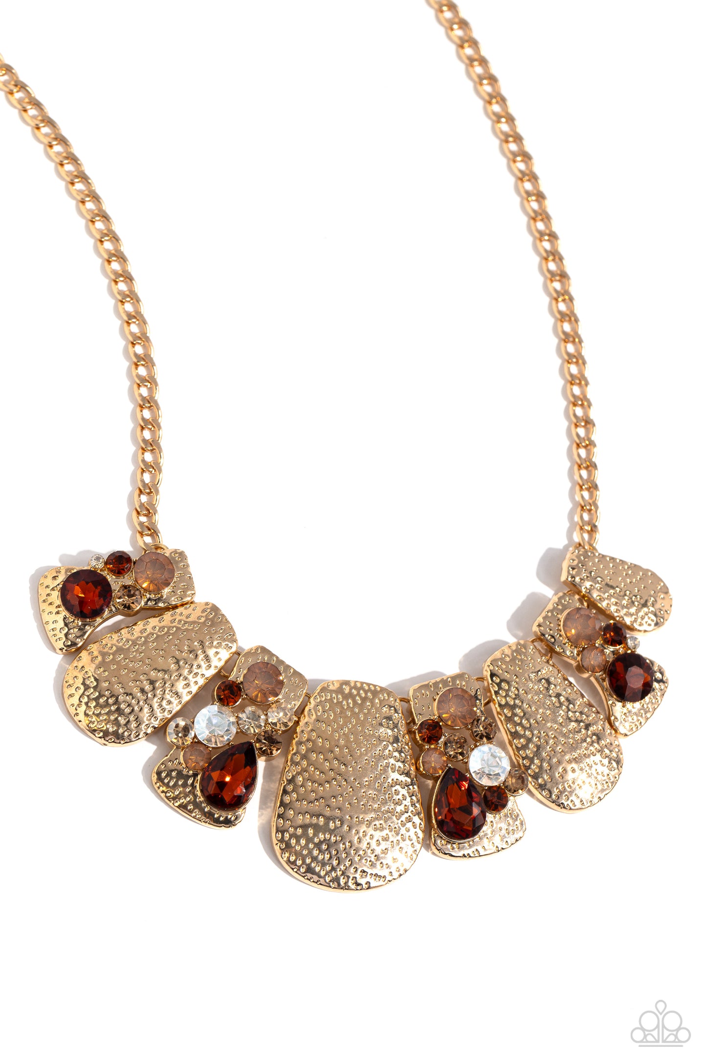 Multicolored Mayhem - Brown Round, Teardrop Gem Gold Hammered Plate Necklace Paparazzi N2176