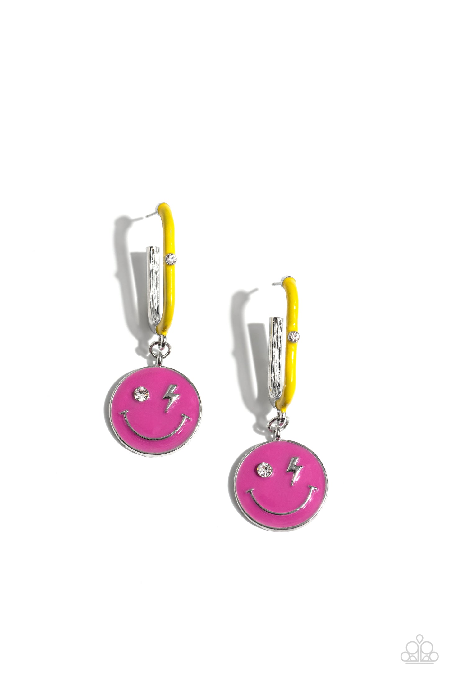 Personable Pizzazz - Pink Rose Violet Smile Face Charm 1 Inch Hoop Earring Paparazzi E1789