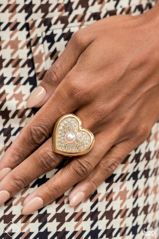 Heartfelt Heritage - Gold, White Rhinestone Pearl Center Heart Ring Fashion Fix March 2024 Paparazzi R0665