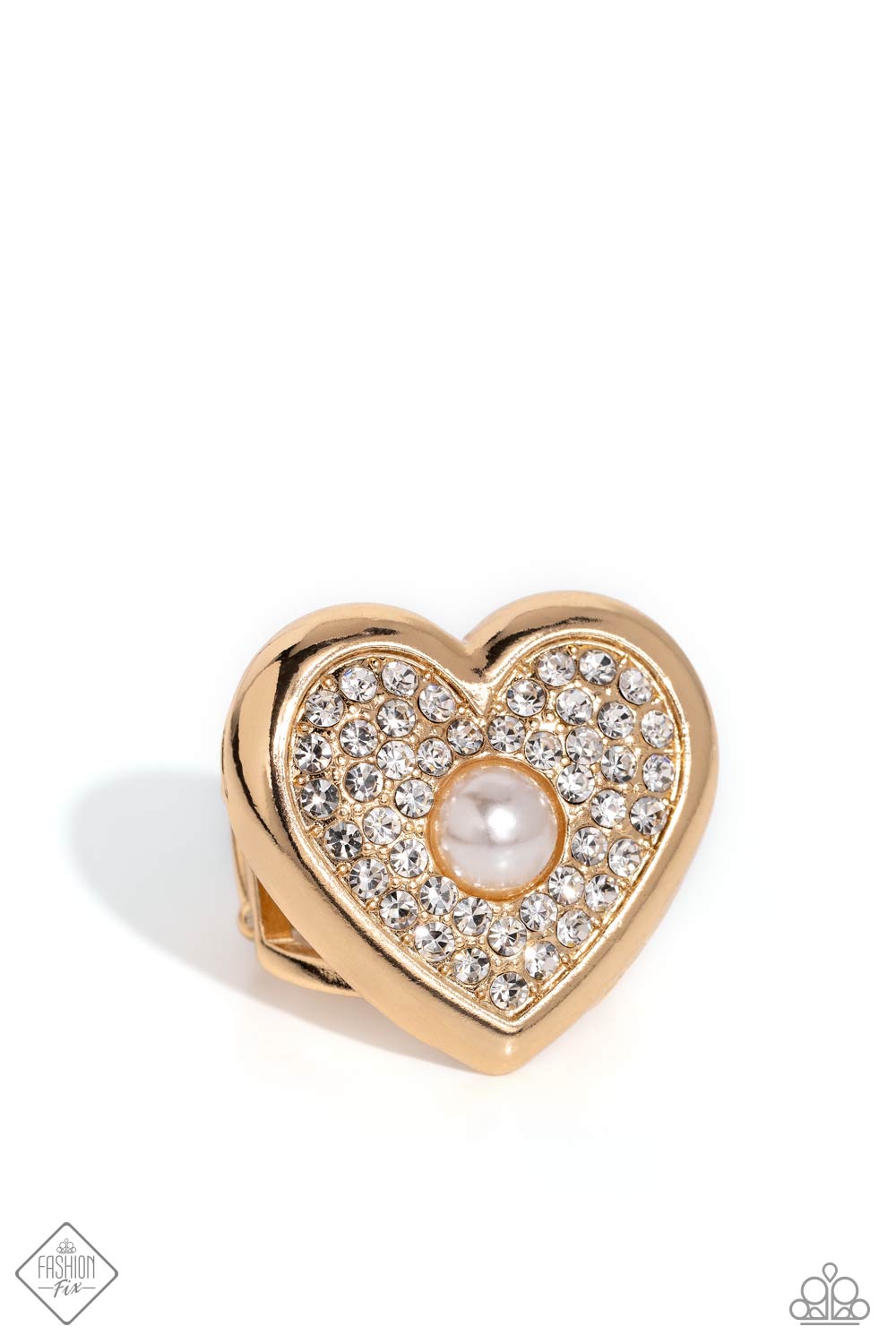 Heartfelt Heritage - Gold, White Rhinestone Pearl Center Heart Ring Fashion Fix March 2024 Paparazzi R0665