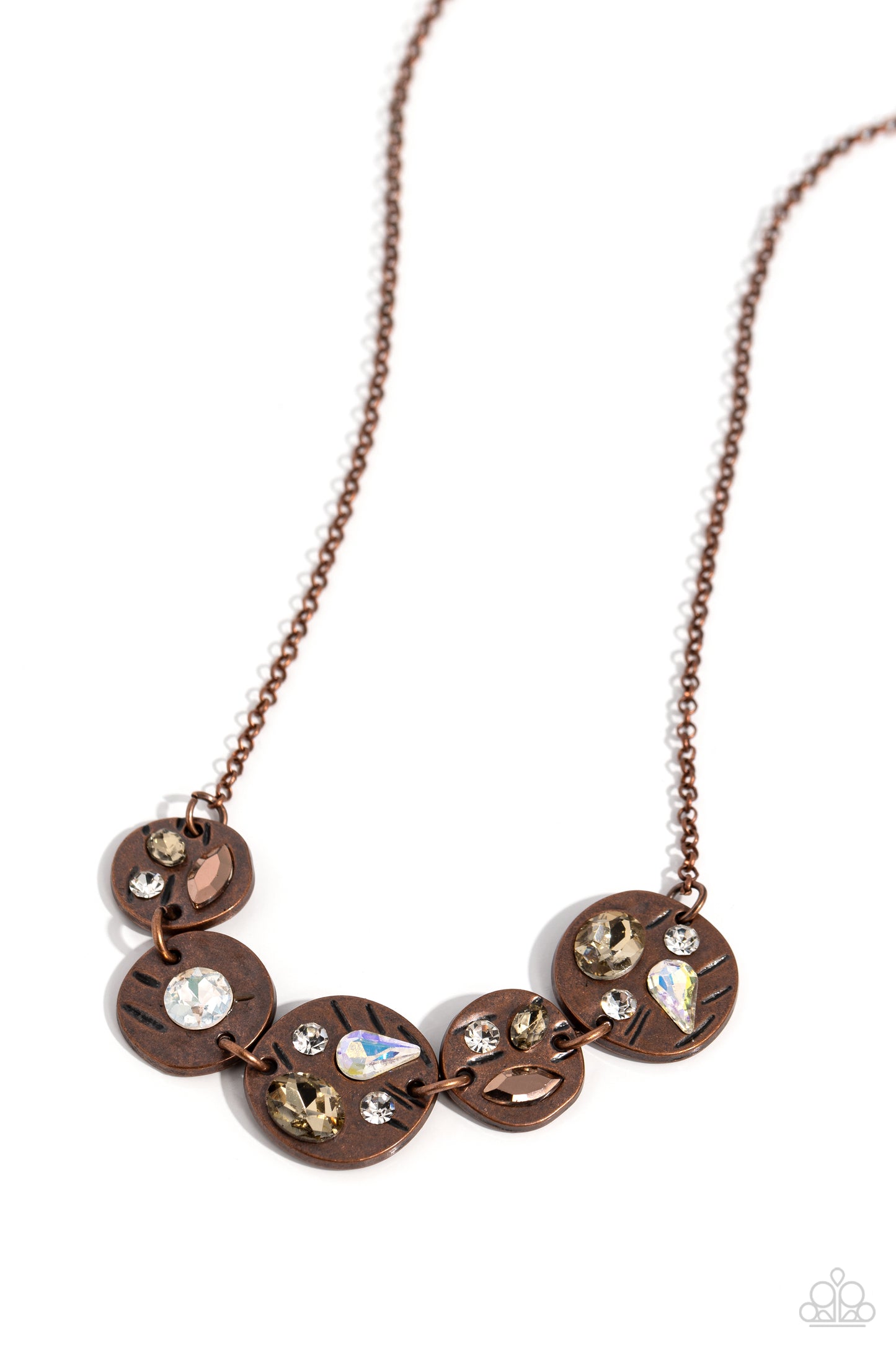 Handcrafted Honor - Copper Hammered Disc Shimmery White, Peachy, Aurum & Iridescent Gem Necklace Paparazzi N0851