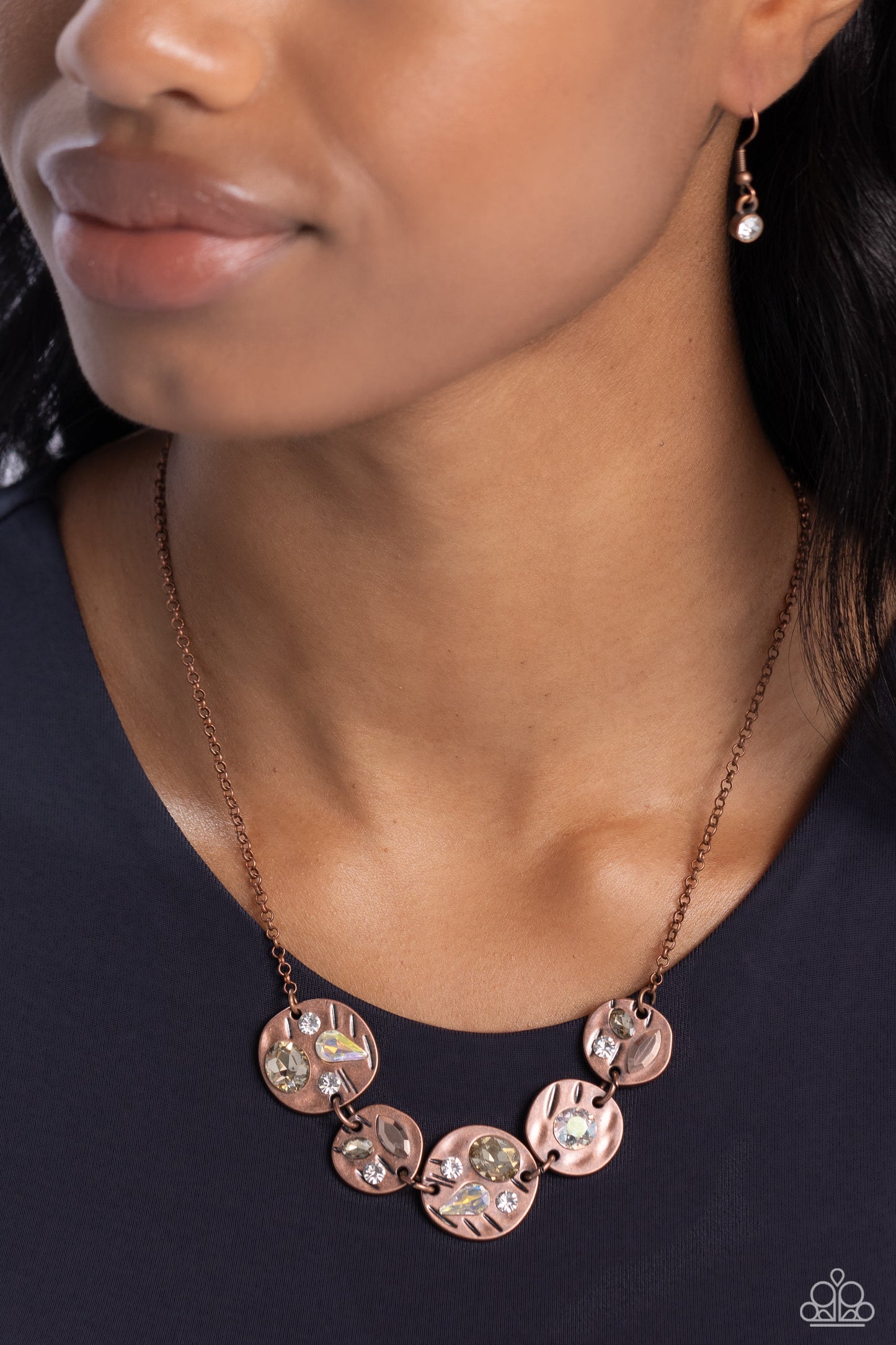 Handcrafted Honor - Copper Hammered Disc Shimmery White, Peachy, Aurum & Iridescent Gem Necklace Paparazzi N0851