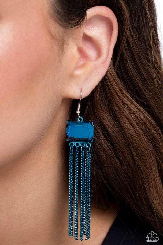 Dreaming Of TASSELS - Blue Gem &  Chain Edgy Tassel Earring Paparazzi E1893