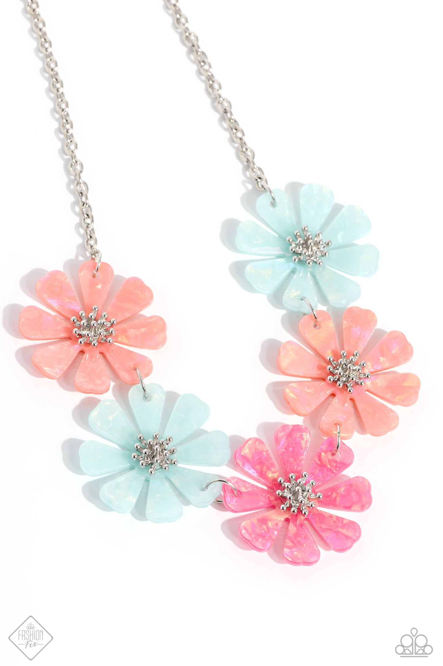 Pastel Promenade - Multi Colored Blue, Pink, Coral Pastel Acrylic Flower Necklace Fashion Fix March 2024 Paparazzi N2136