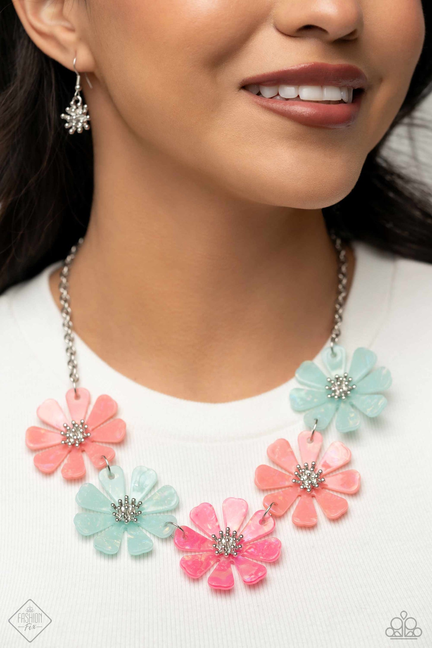 Pastel Promenade - Multi Colored Blue, Pink, Coral Pastel Acrylic Flower Necklace Fashion Fix March 2024 Paparazzi N2136