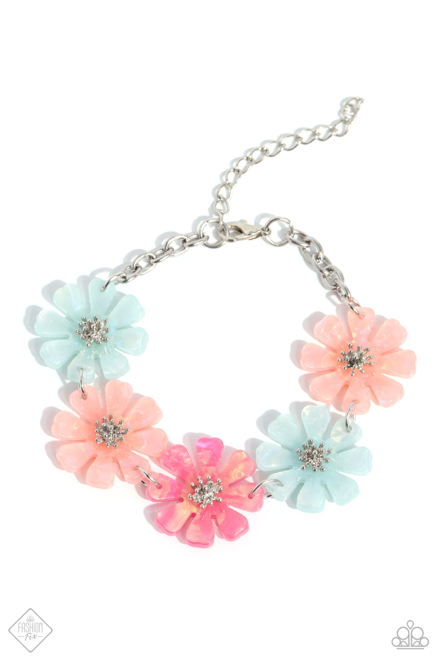 Poppin Pastel - Multi Colored Pastel Acrylic Flowers Blue, Pink, Coral Bracelet Fashion Fix March 2024 Paparazzi B1478