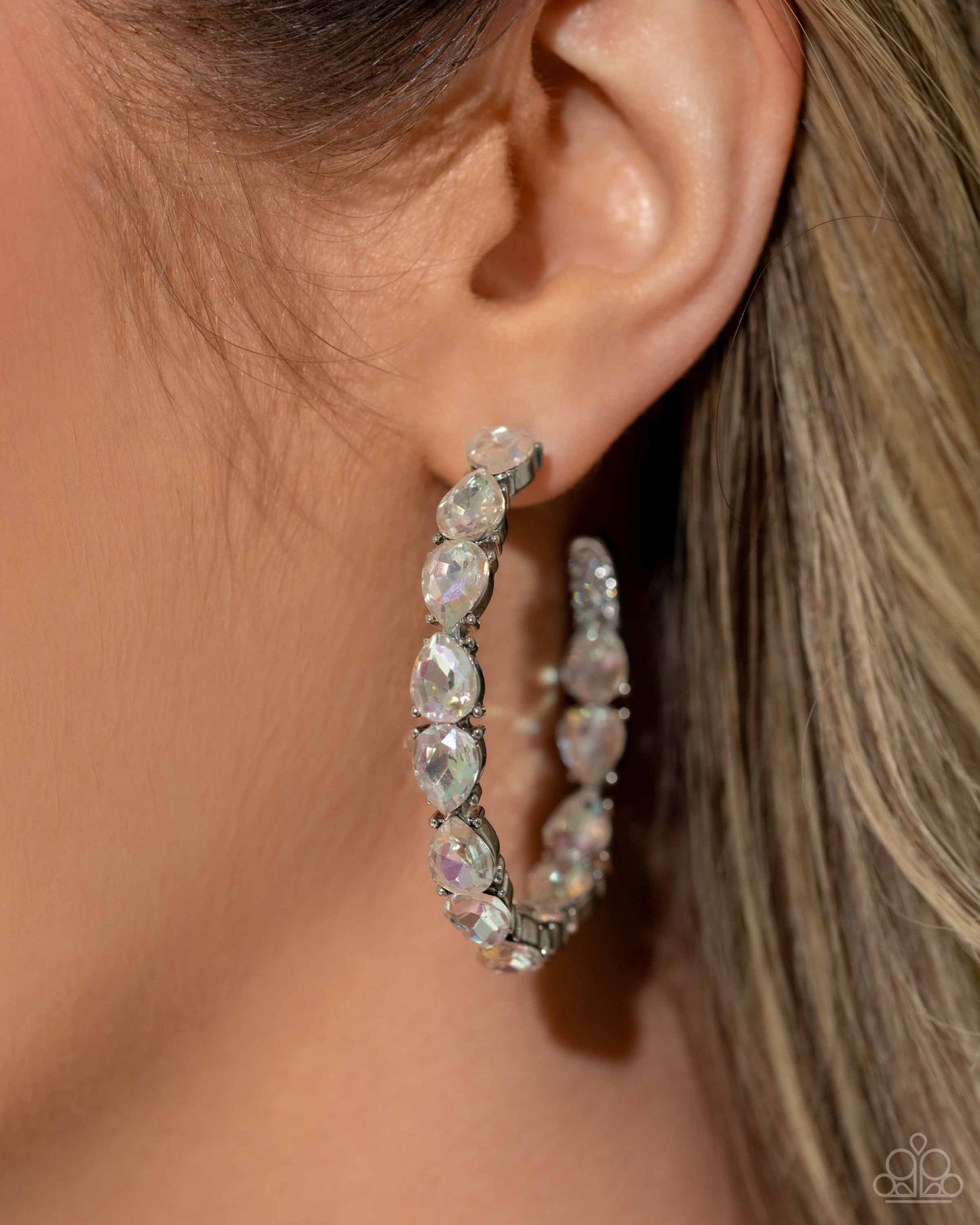 Presidential Pizzazz - White Glittery Rhinestone Silver 2 Inch Hoop Earring Life Of The Party March 2024 Paparazzi E2196