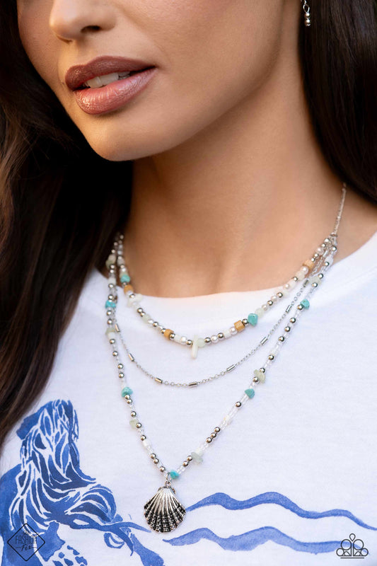 Coastline Couture - Multi Colored Stone Jade, Turquoise, Silver Bead Sea Shell Charm Necklace Santa Fe Style Fashion Fix March 2024 Paparazzi N2140