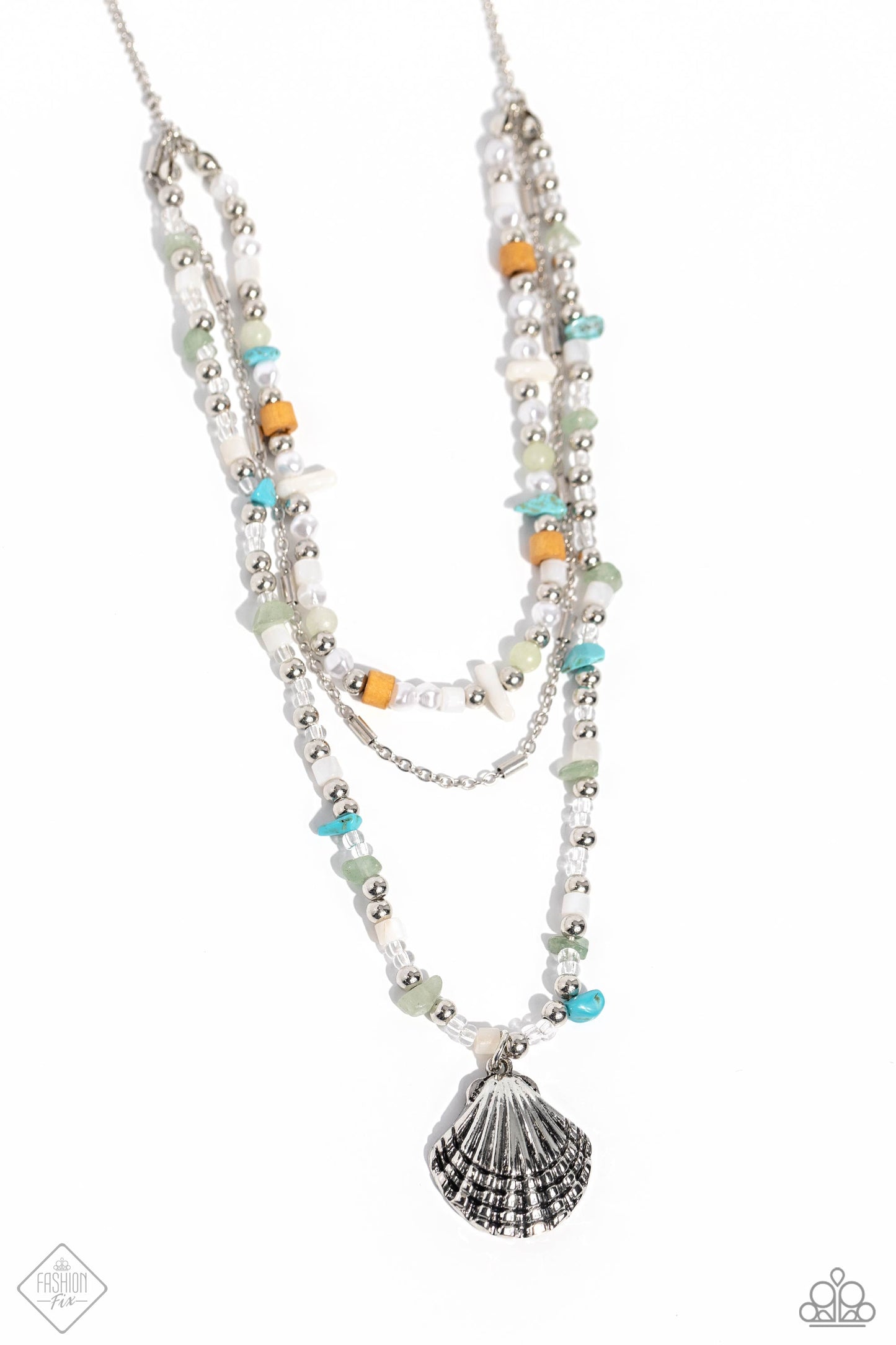 Coastline Couture - Multi Colored Stone Jade, Turquoise, Silver Bead Sea Shell Charm Necklace Santa Fe Style Fashion Fix March 2024 Paparazzi N2140