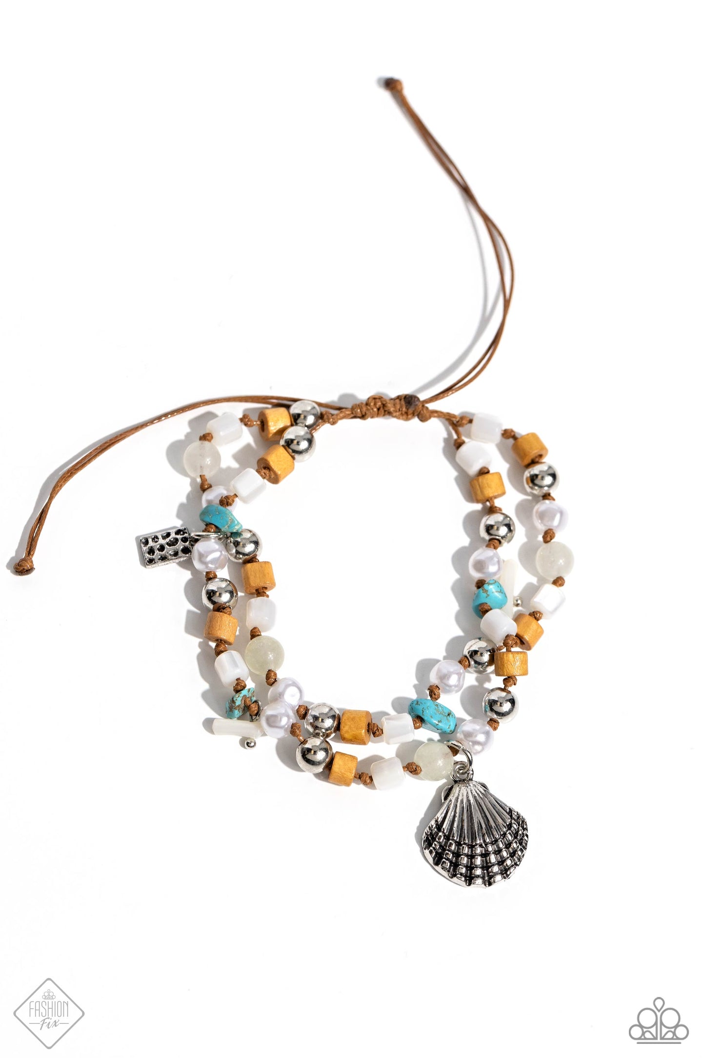 Coastline Celebration - Multi Colored Turquoise, Silver & Wood Bead Sliding Knot Bracelet Santa Fe Style Fashion Fix March 2024 Paparazzi B1480