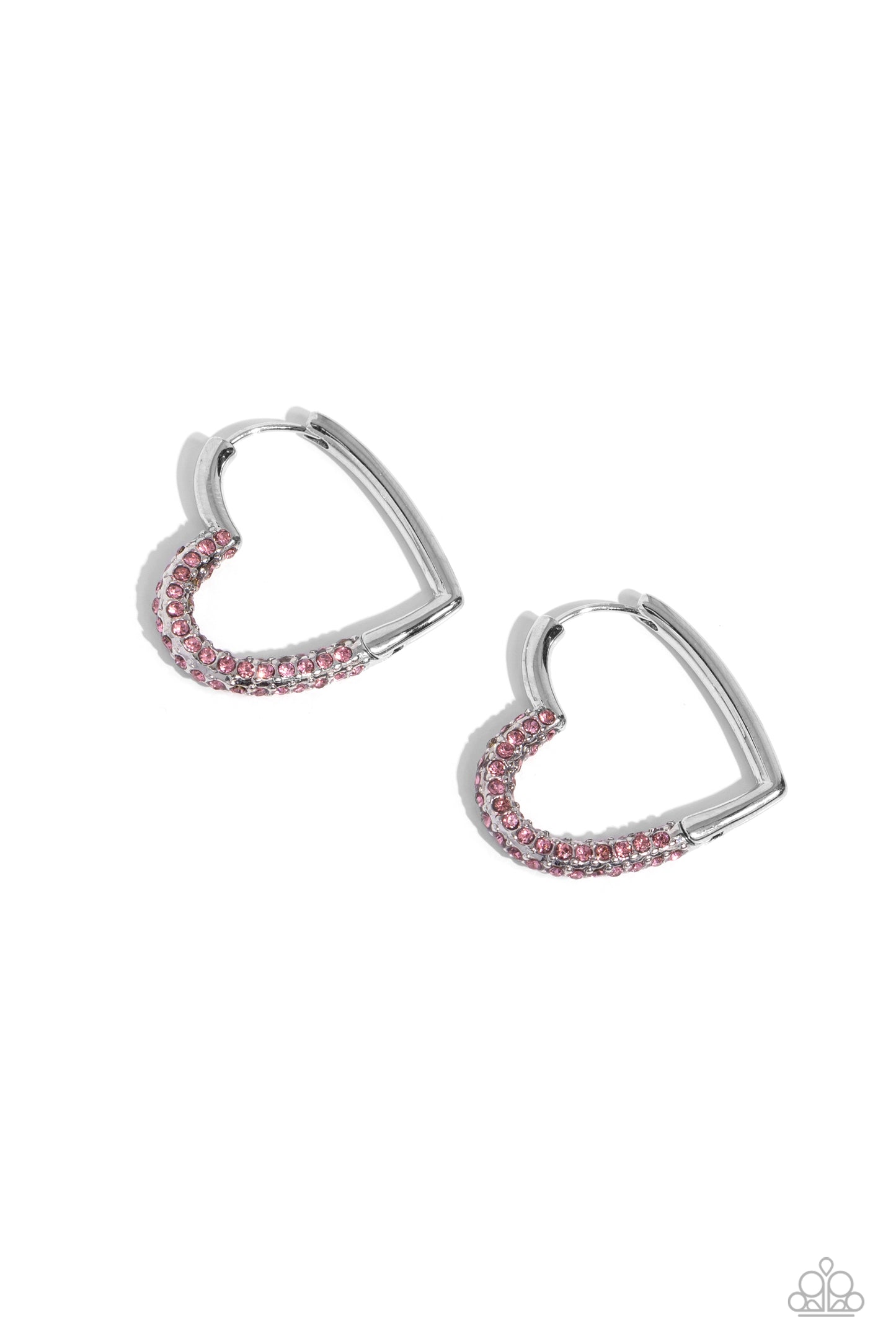 Be Mine, Valentine? - Pink Rhinestone Silver Heart 1 1/8 Inch Hoop Earring Paparazzi E1733