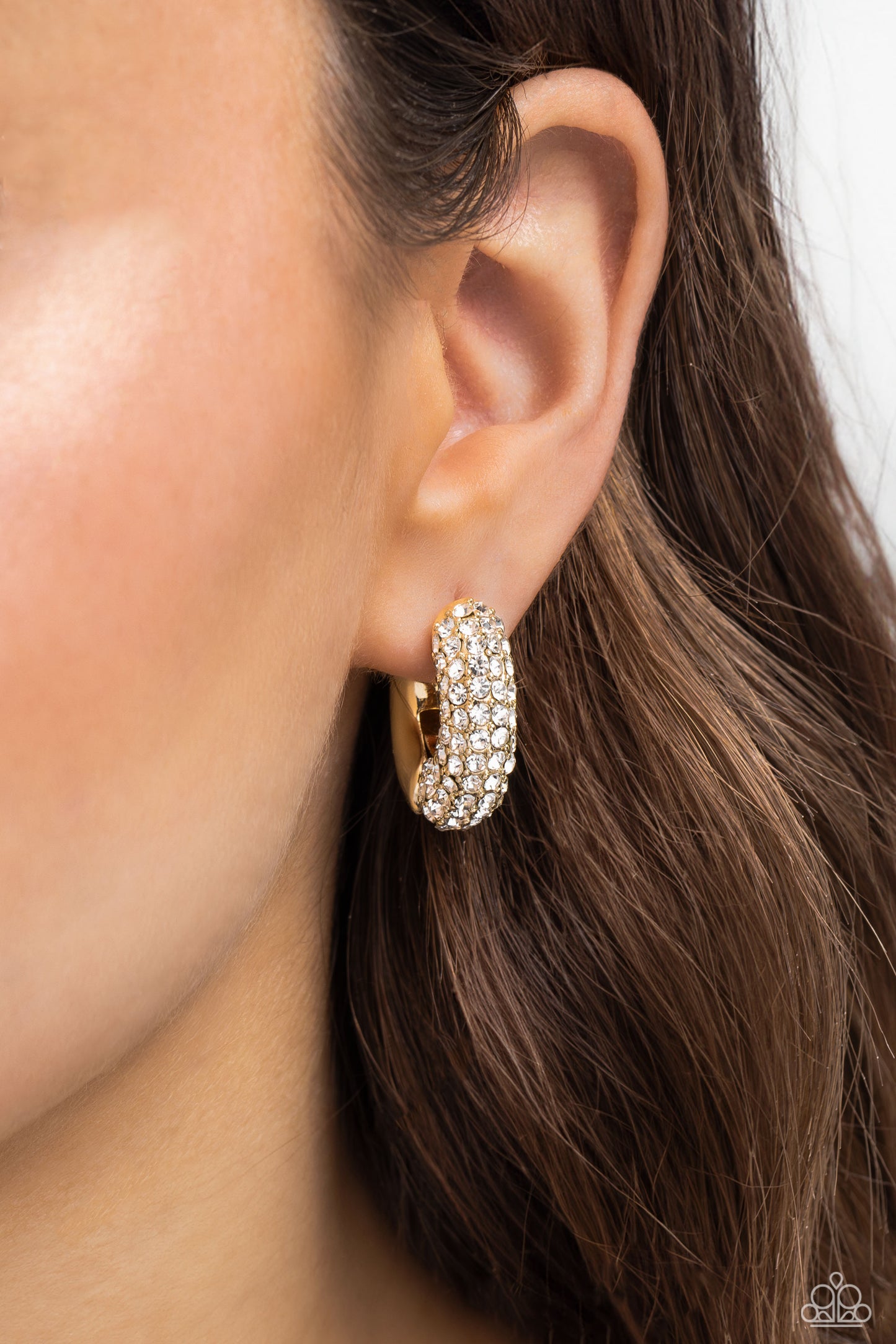 Combustible Confidence - Gold White Rhinestone 3/4 Inch Hinge Hoop Earring Paparazzi E1880