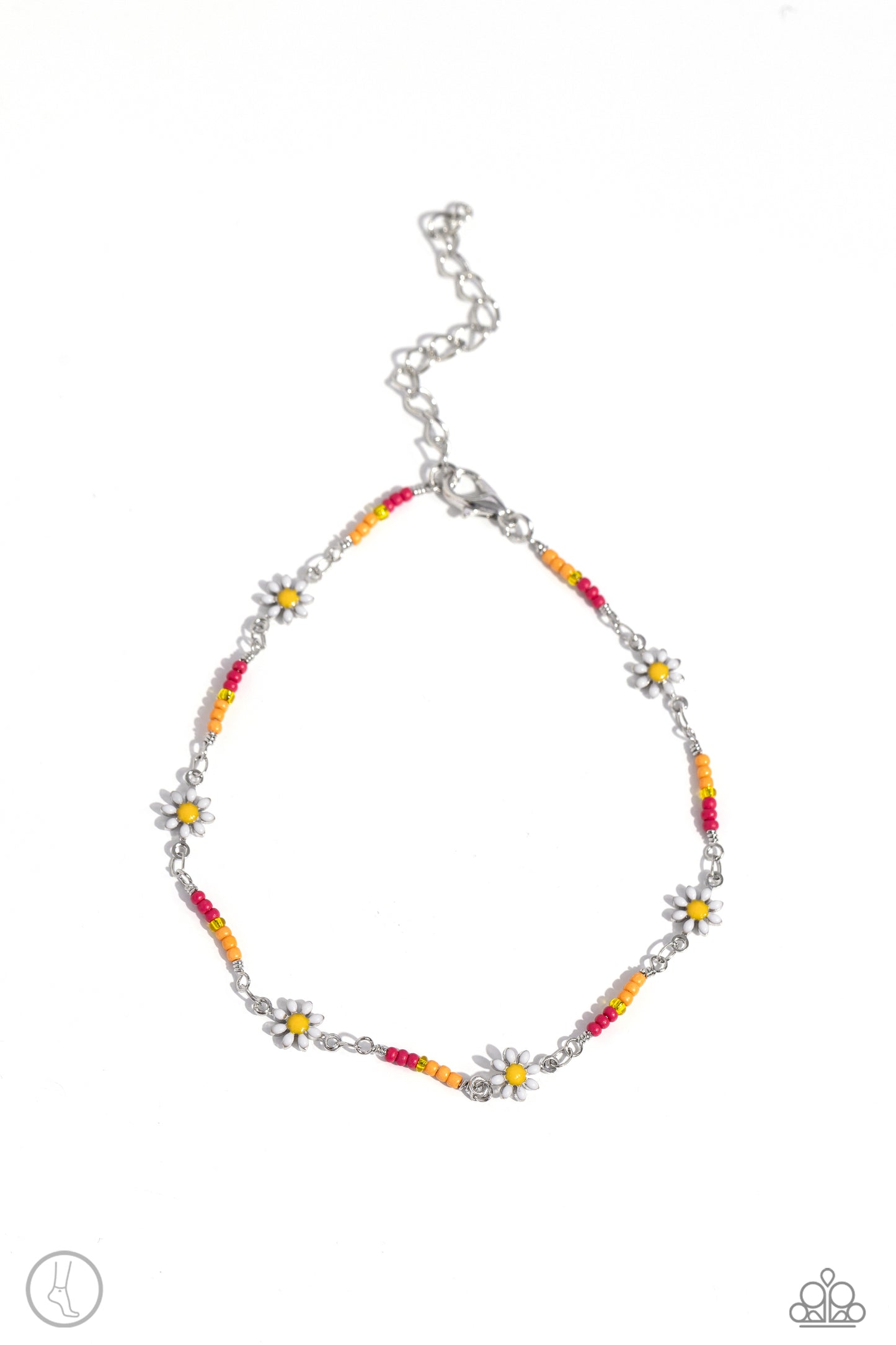 Sweetest Daydream - Pink Peacock, Orange, Yellow Seed Bead White Daisy Flower Anklet Paparazzi B1522