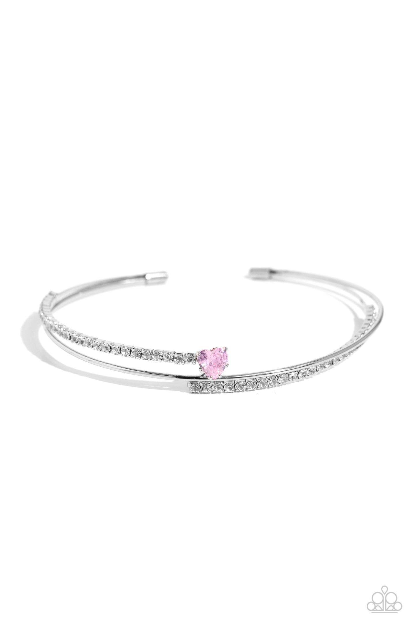 Sensational Sweetheart - Pink Heart Gem White Rhinestone Dainty Cuff Bracelet Paparazzi B1497