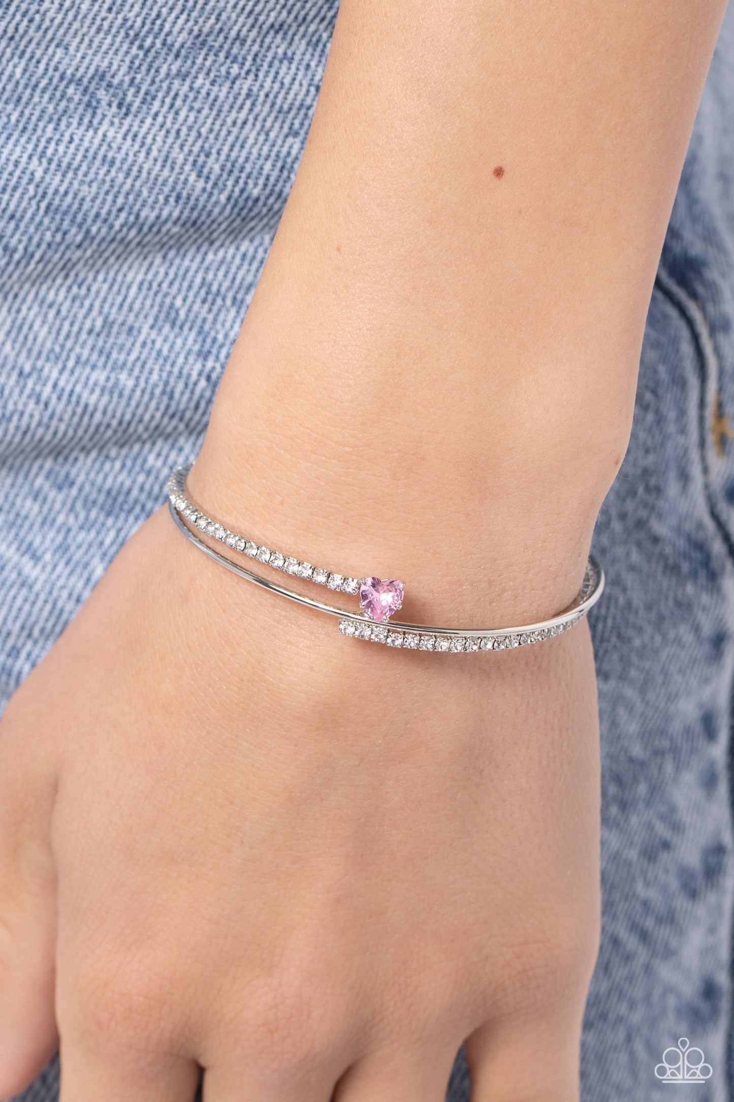 Sensational Sweetheart - Pink Heart Gem White Rhinestone Dainty Cuff Bracelet Paparazzi B1497