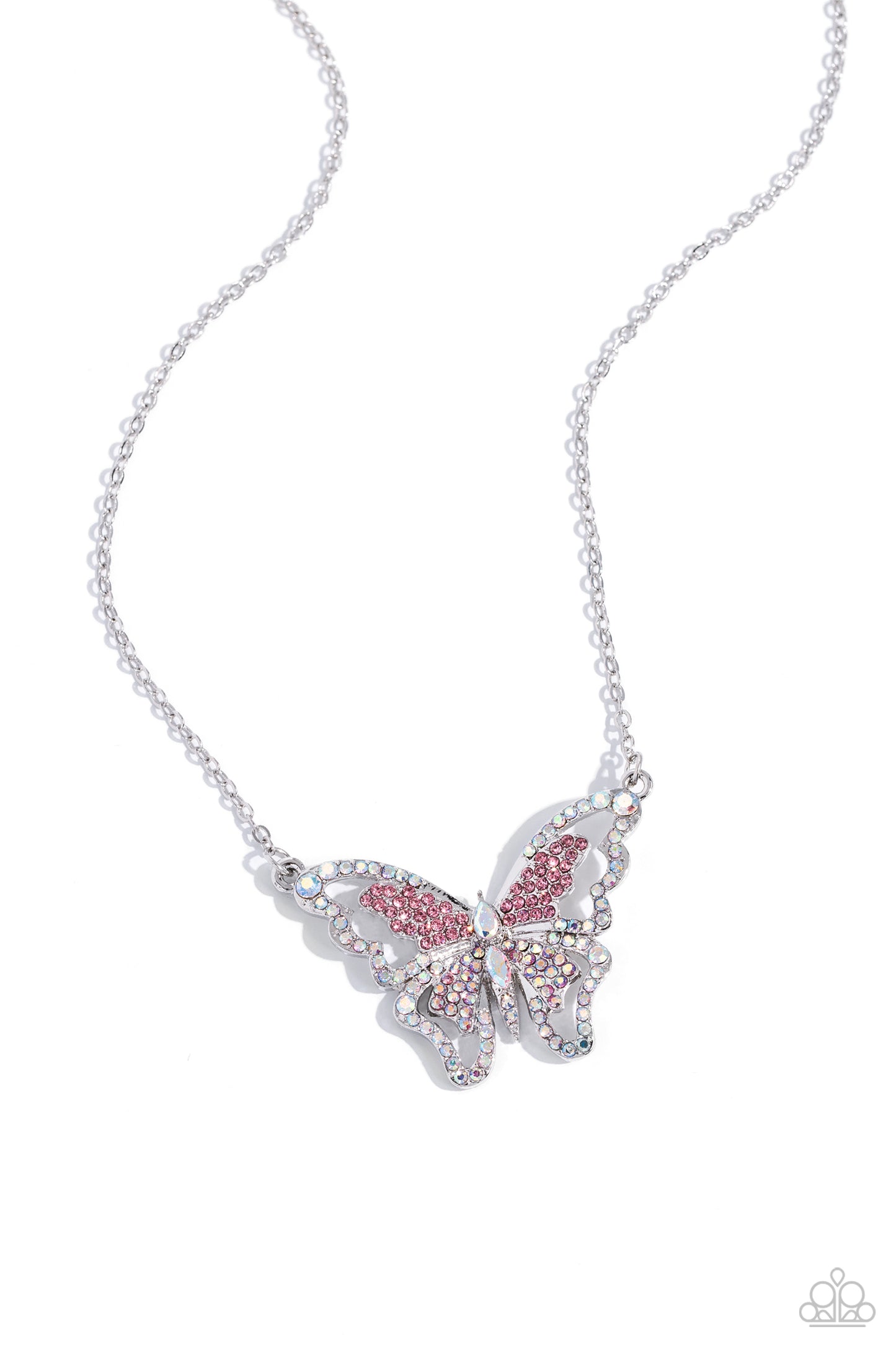 Weekend WINGS - Pink & Iridescent Rhinestone Silver Butterfly Necklace Paparazzi N2285