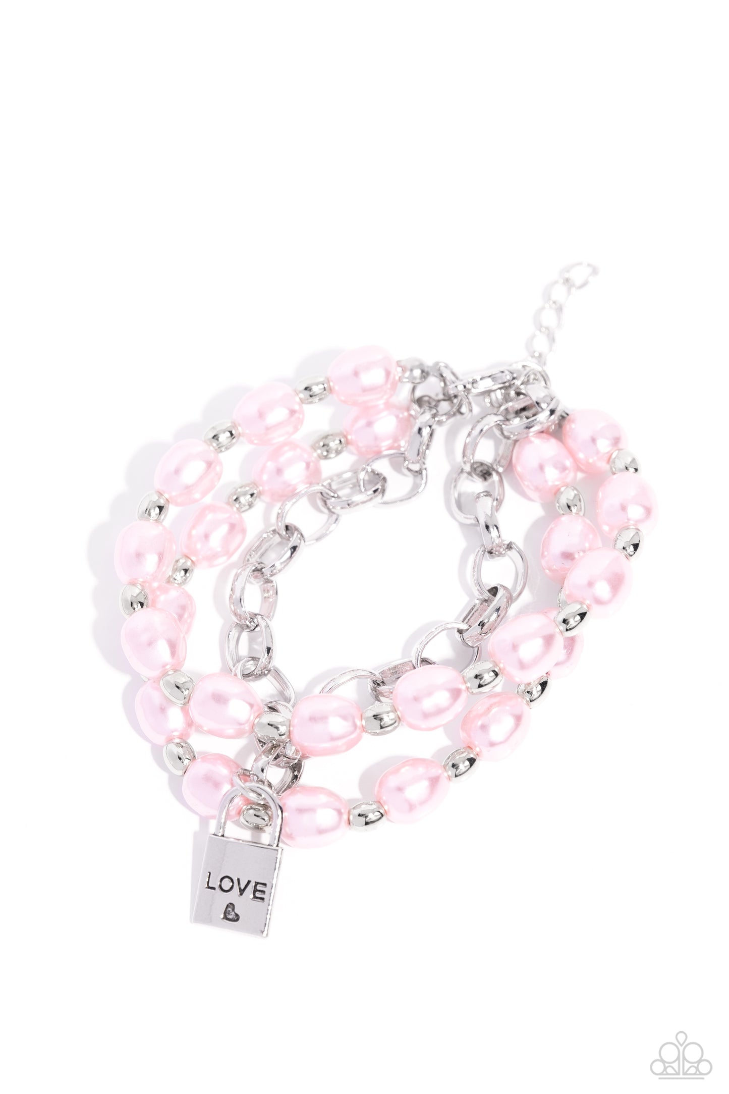 LOVE-Locked Legacy - Pink - Baby Pink Pearl Silver Lock Stamped “Love” Charm Inspirational Bracelet Paparazzi B1507