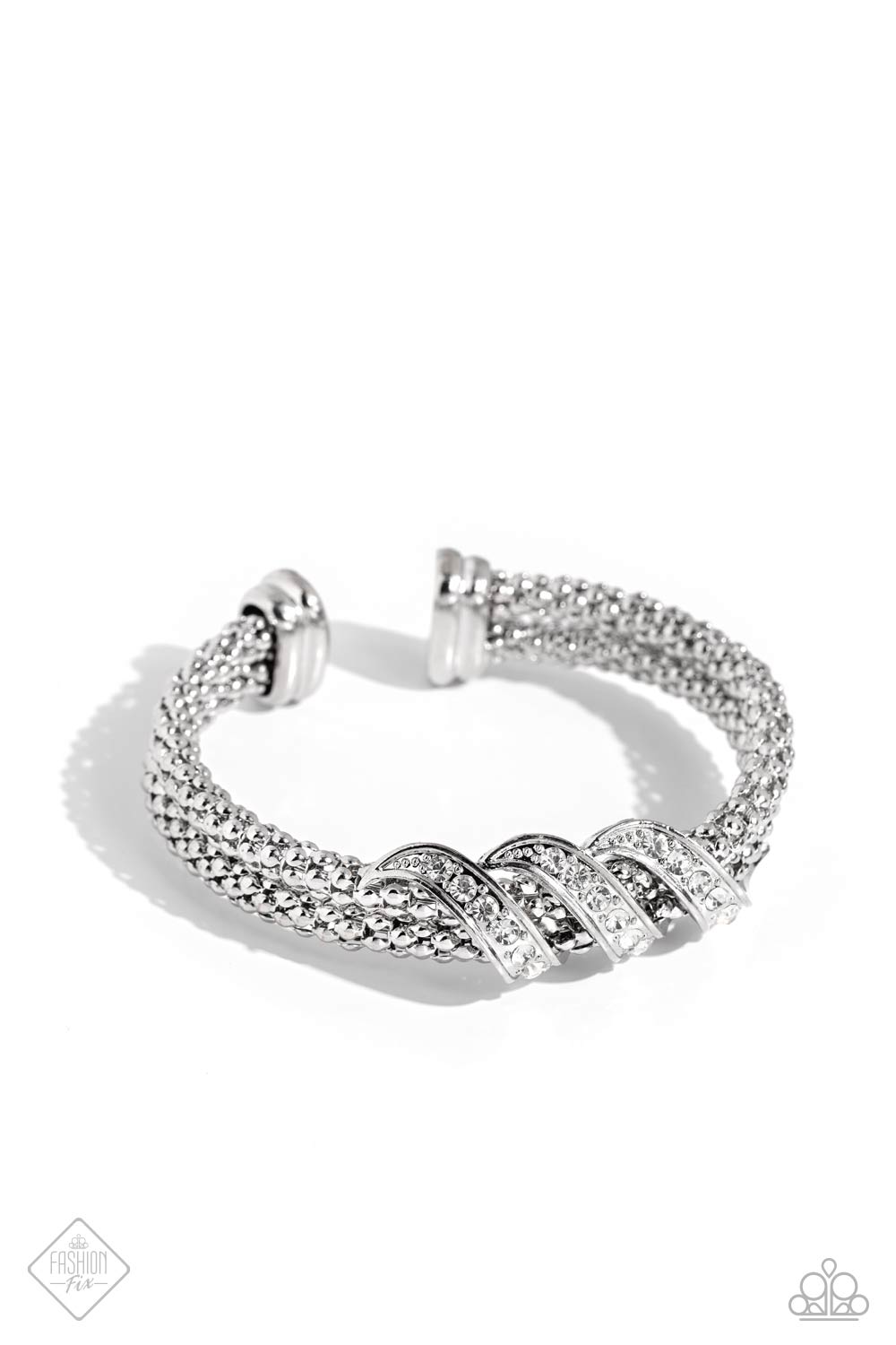 Tangible Taste - White Rhinestone Bendable Silver Strand Bracelet 5th Ave Fashion Fix February 2024 Paparazzi B1490