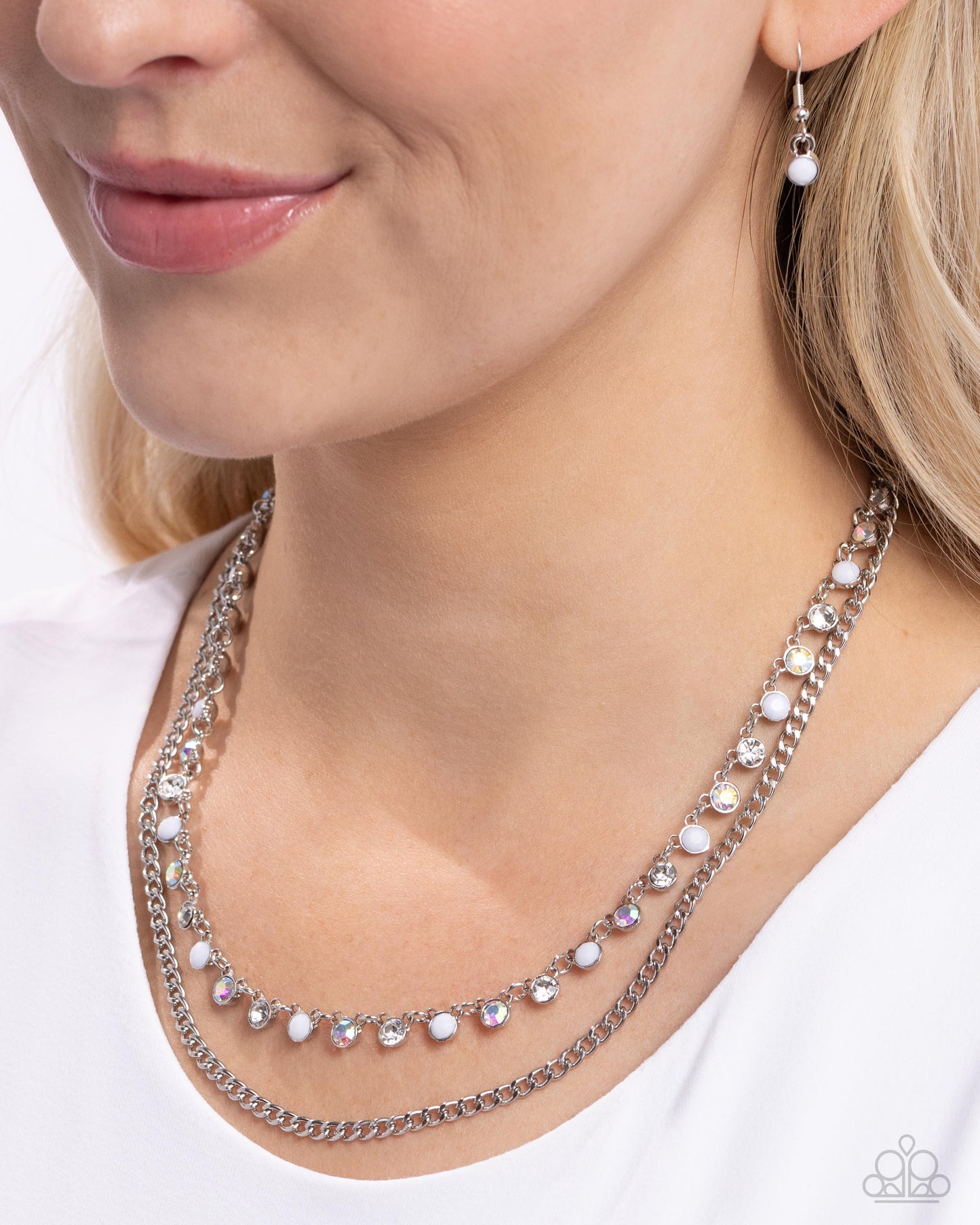 Delicate Dame - White & Iridescent Rhinestone Silver Chain Necklace Paparazzi N2294