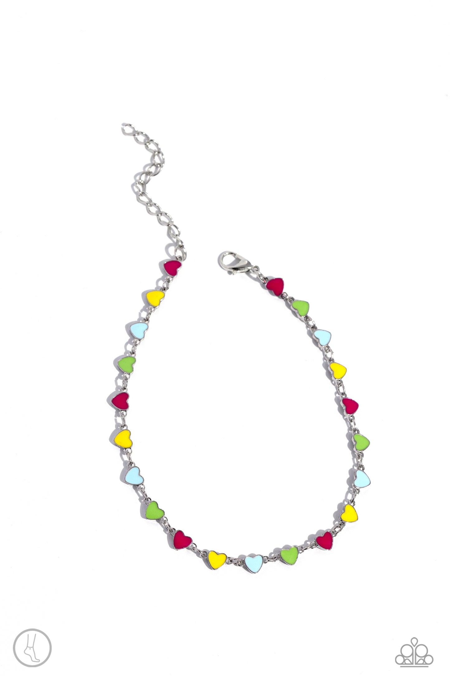 Dancing Delight Multicolored Hearts Pink, Yellow, Blue, Green & Silver Anklet Paparazzi B1535