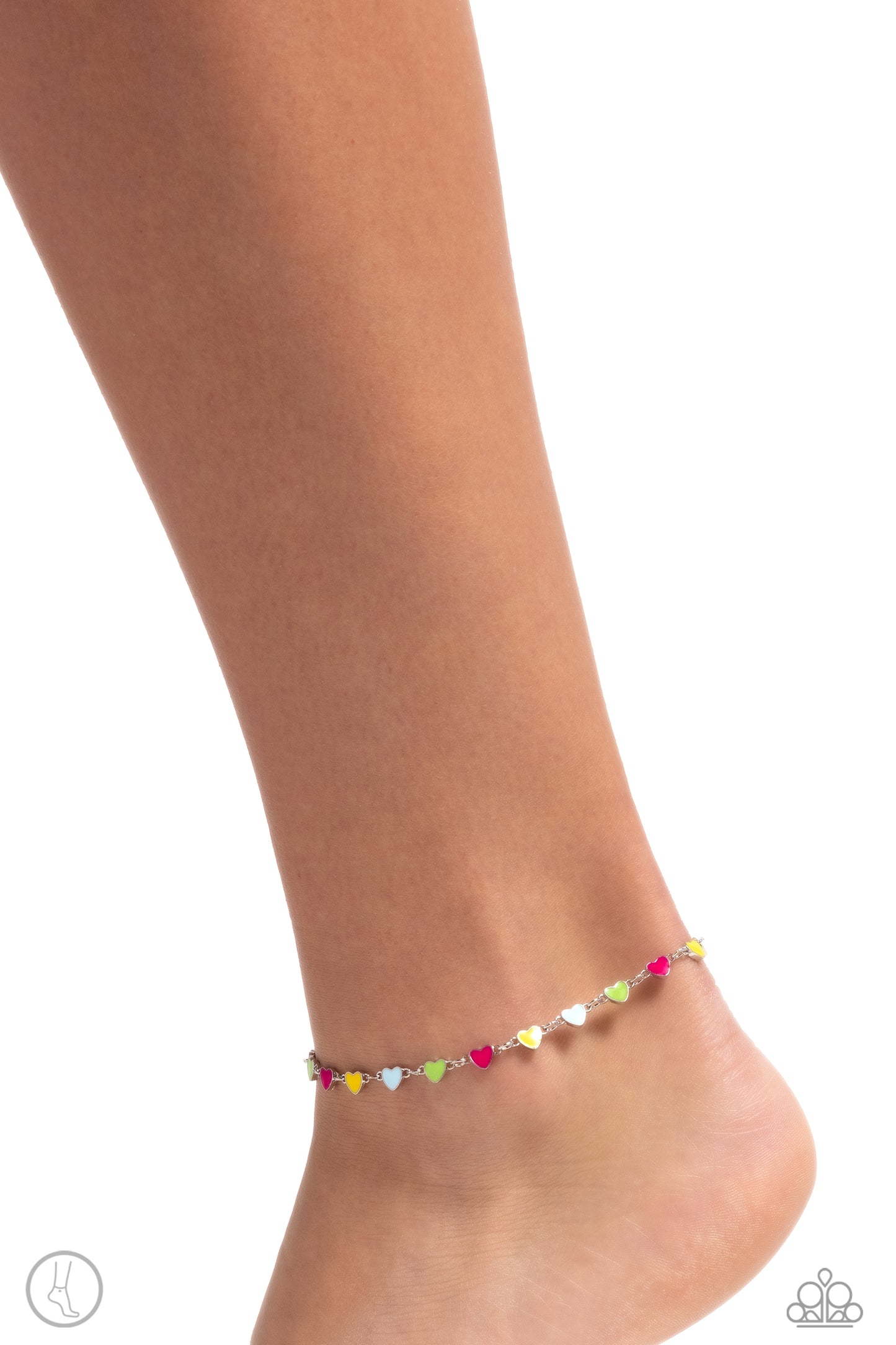 Dancing Delight Multicolored Hearts Pink, Yellow, Blue, Green & Silver Anklet Paparazzi B1535