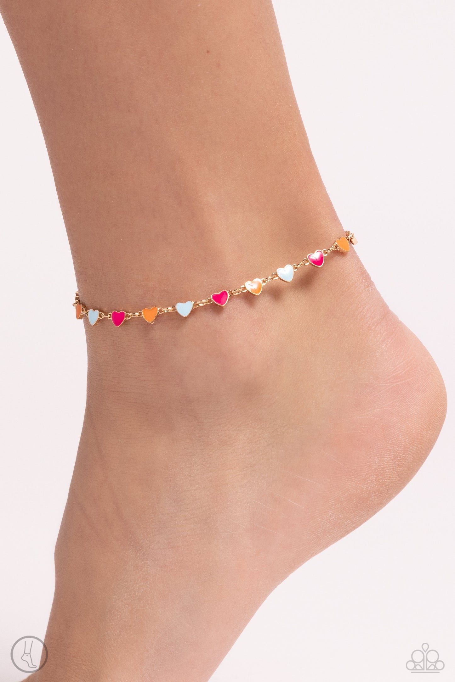 Dancing Delight Multicolored Pink, Orange, Skylight Heart Gold Link Anklet Paparazzi B1496