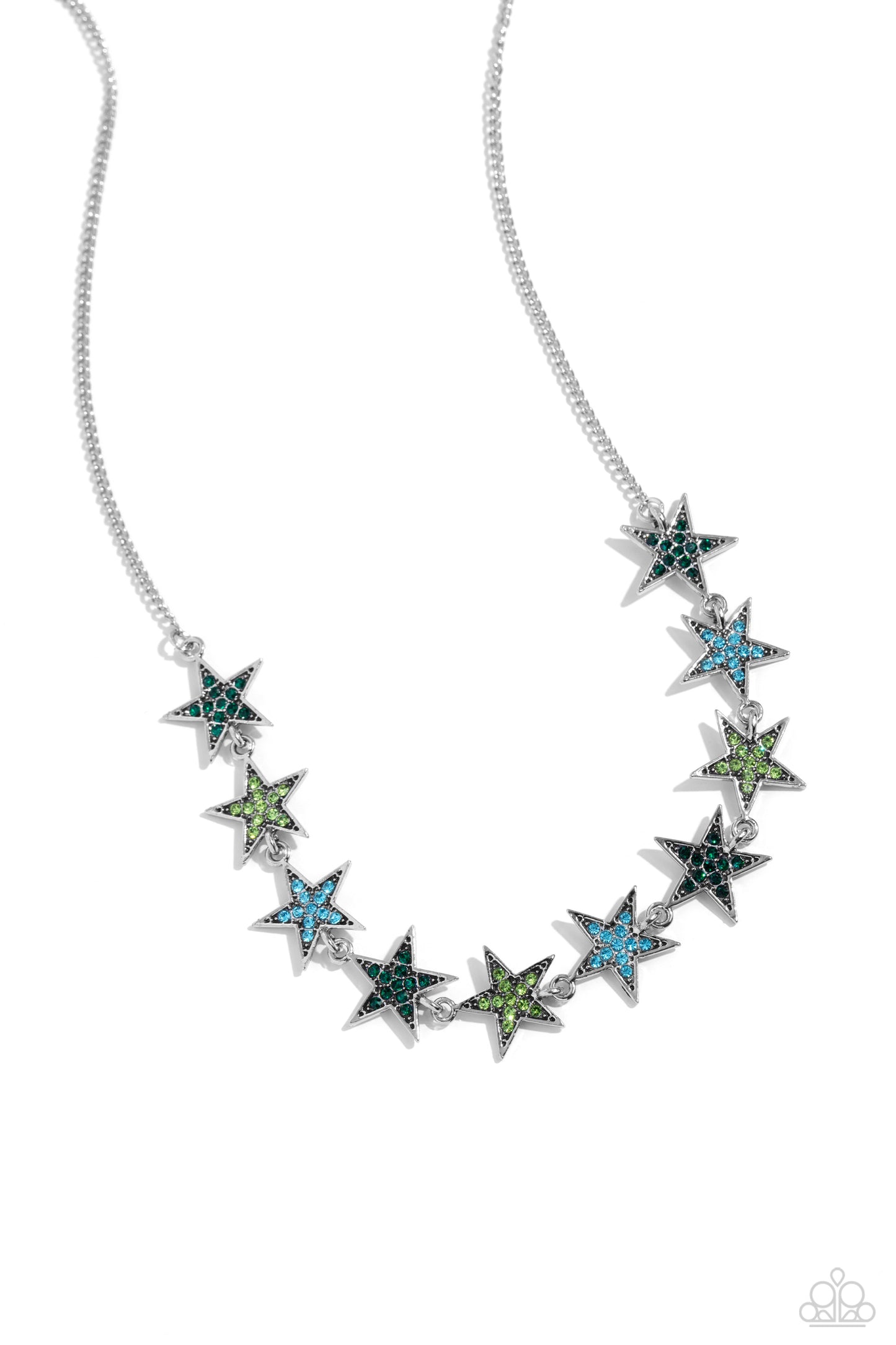 Star Quality Sensation - Green Emerald, Peridot, Aquamarine Rhinestone Star Necklace Paparazzi N2289