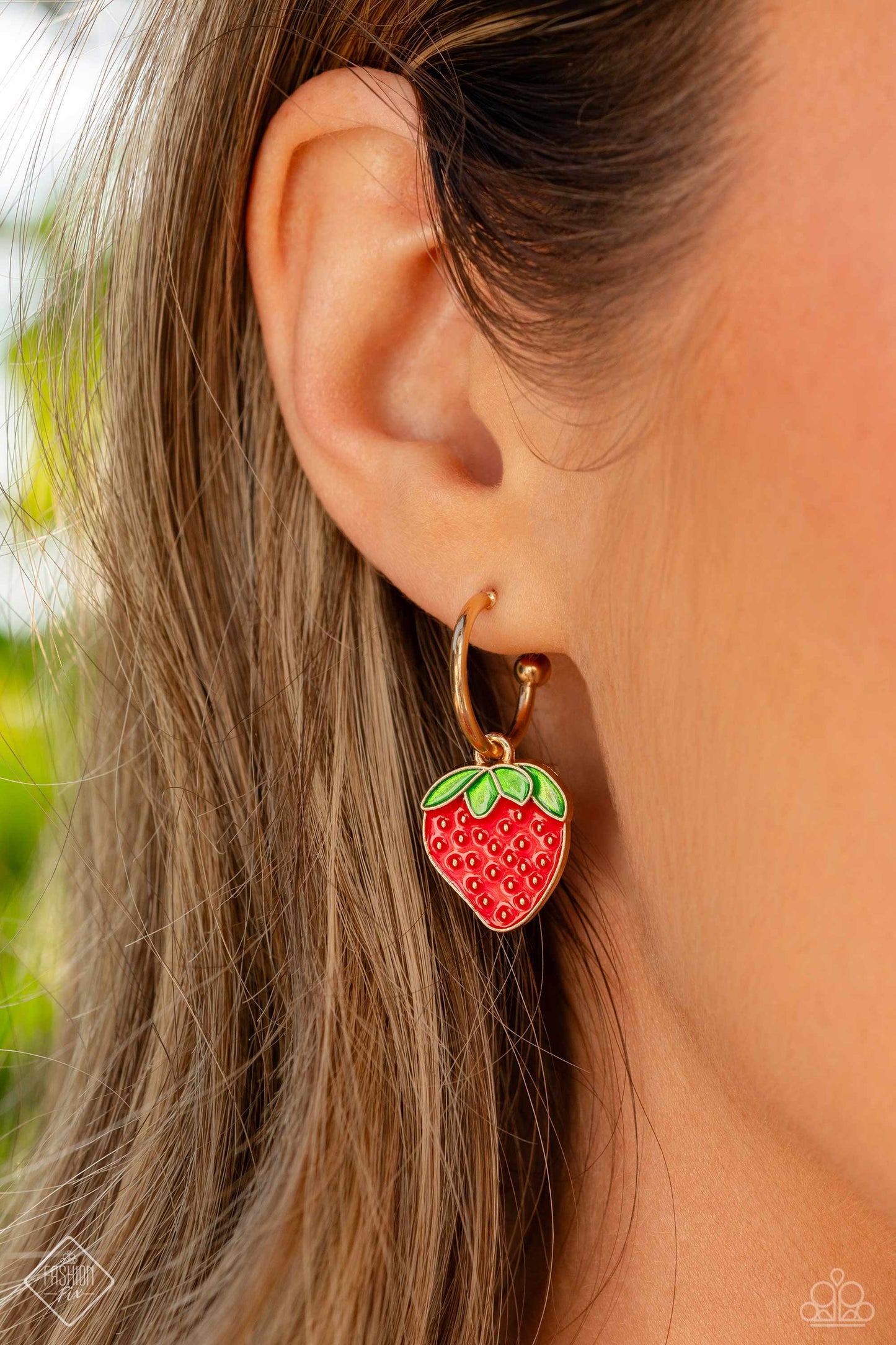 Fashionable Fruit - Gold 1/2 Inch Hoop Strawberry Charm Earring Fashion Fix March 2024 Paparazzi E1853