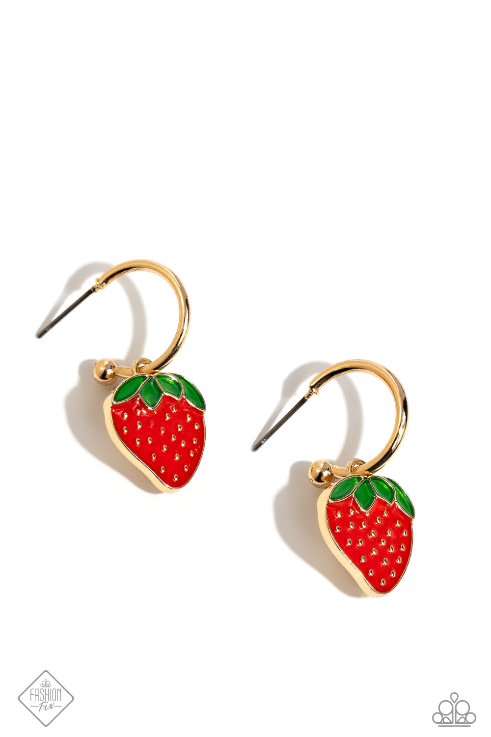 Fashionable Fruit - Gold 1/2 Inch Hoop Strawberry Charm Earring Fashion Fix March 2024 Paparazzi E1853