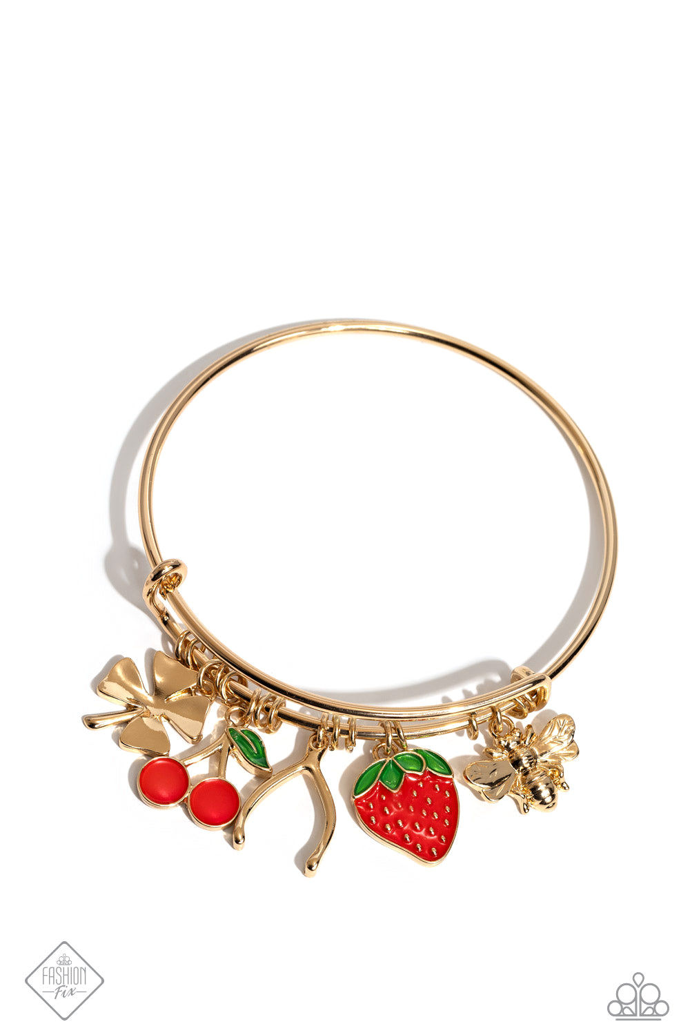 Fruit Freestyle - Gold Good Luck & Red Fruit Charm Bangle Bracelet Fashion Fix March 2024 Paparazzi B1479