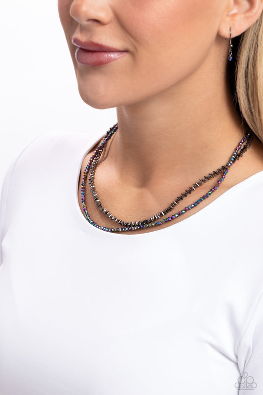 White-Collar Week - Black Gunmetal & Oil Spill Bead Layer Necklace Paparazzi N2184