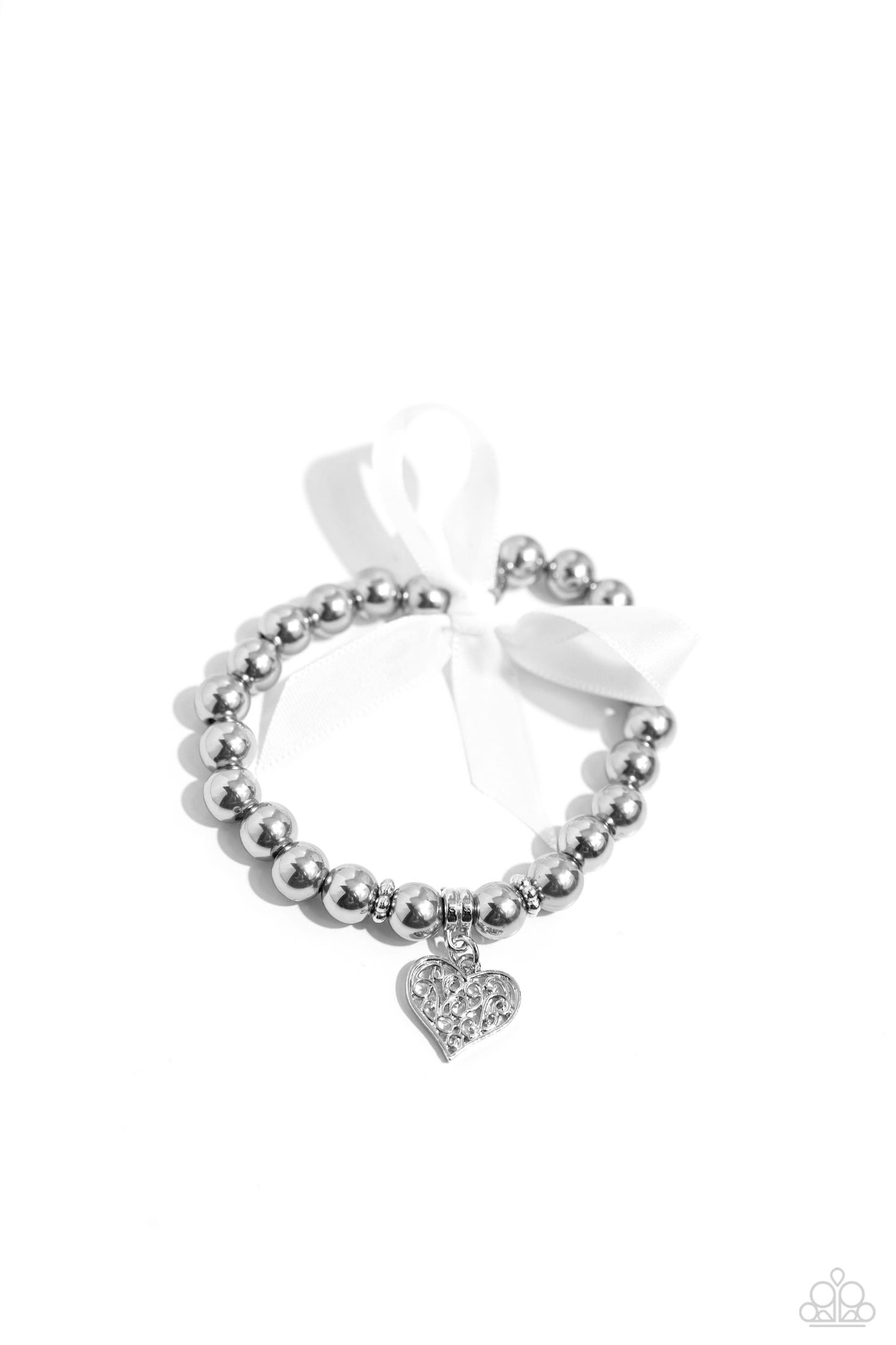 Prim and Pretty - Silver Heart, White Bow & Gray Iridescent Pearl Bracelet Paparazzi B1494