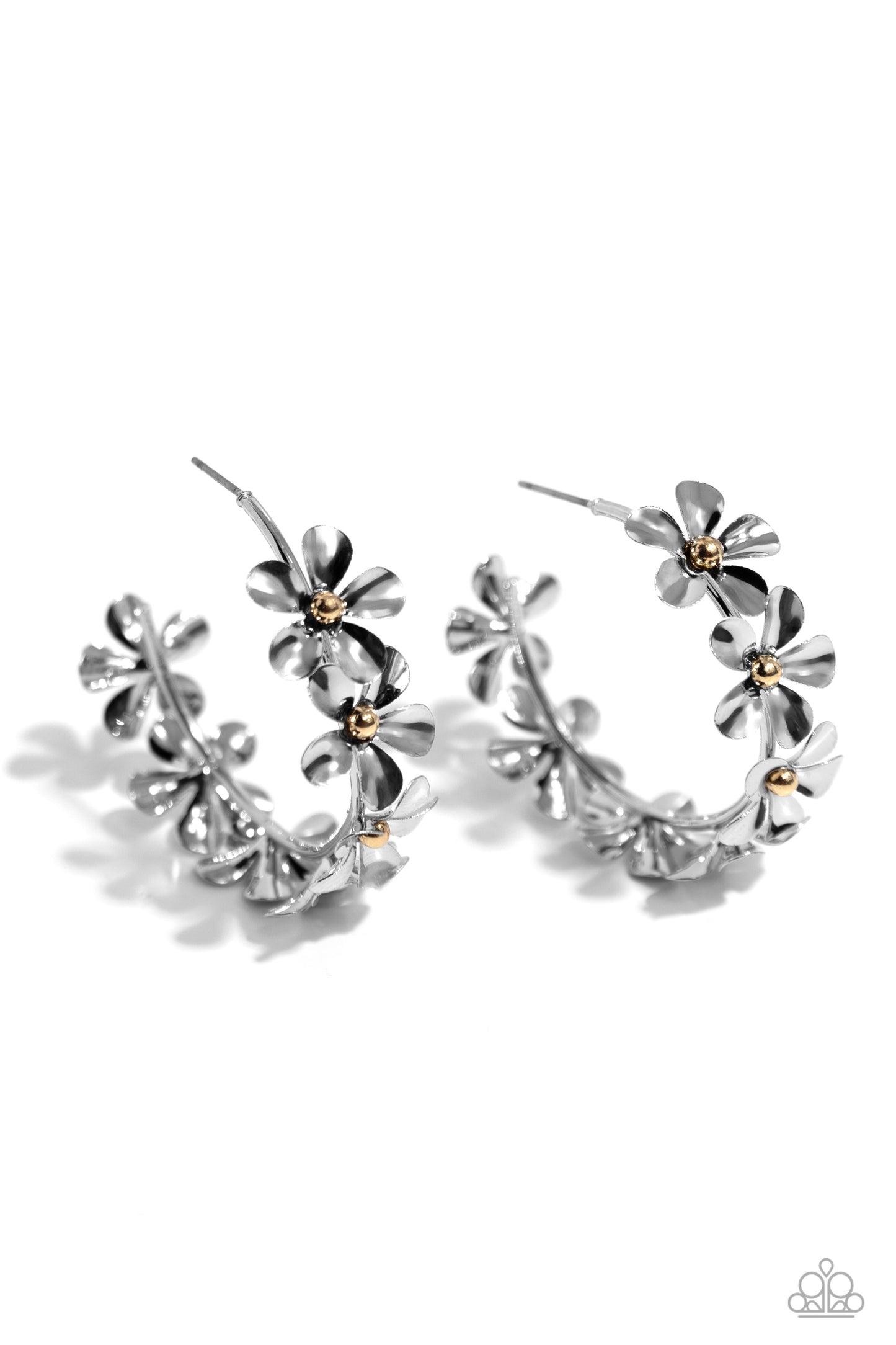 Floral Flamenco - Silver Metallic Flower 1 1/2 Inch Hoop Earring Paparazzi E1887