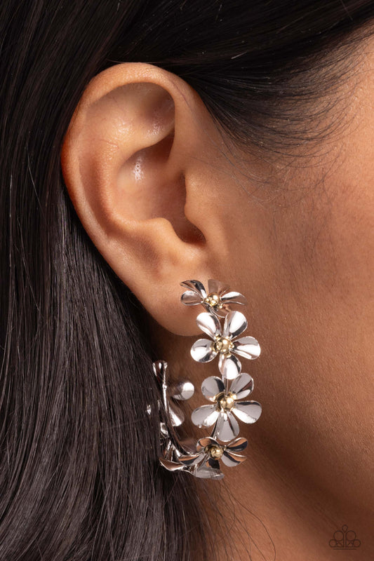 Floral Flamenco - Silver Metallic Flower 1 1/2 Inch Hoop Earring Paparazzi E1887