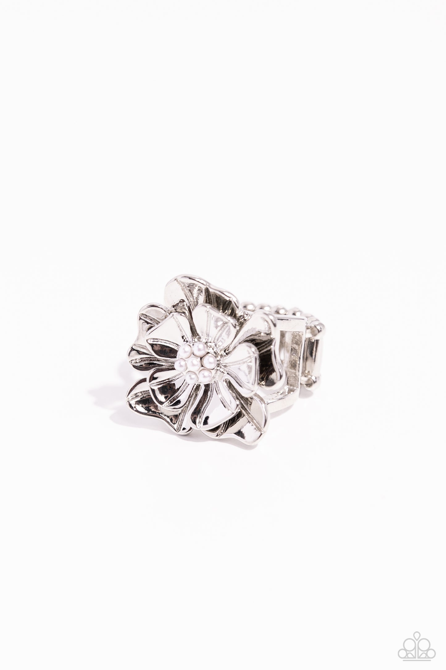 Pampered Petals - White Pearl 3D Silver Flower Ring Paparazzi R0697