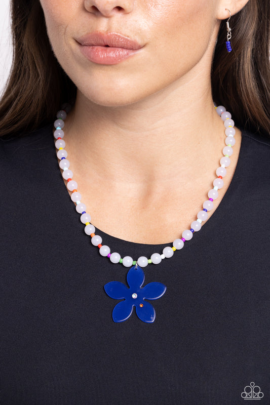 Nostalgic Novelty - Blue Flower Milky White Bead Necklace Paparazzi N1687