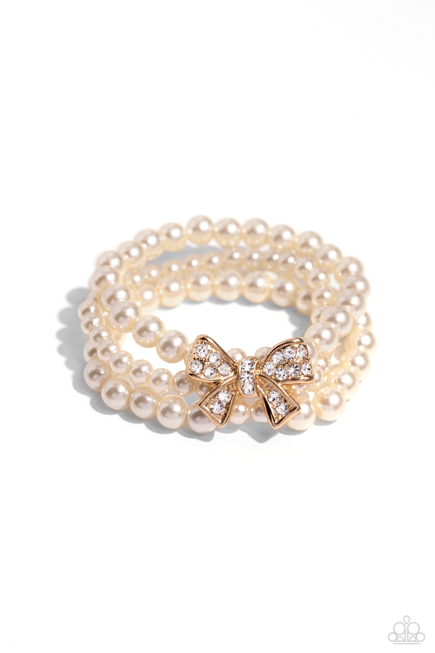 How Do You Do? - Gold White Rhinestone Bow & Pearl Stretch Bracelet Paparazzi B1506