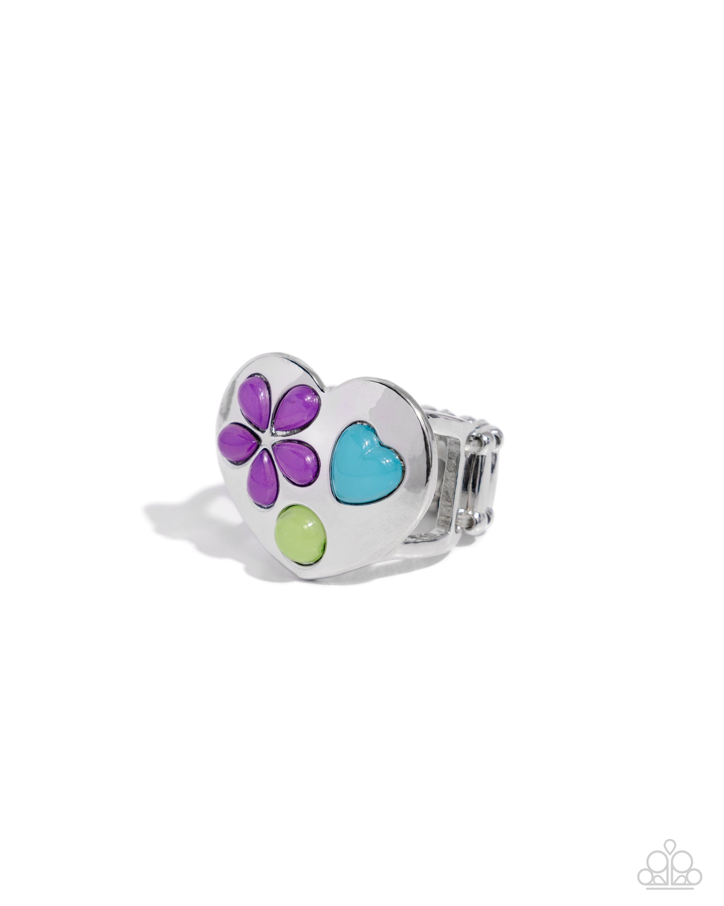 Spirited Shapes - Purple, Turquoise, Apple Green Bead Silver Heart Ring Paparazzi R0714