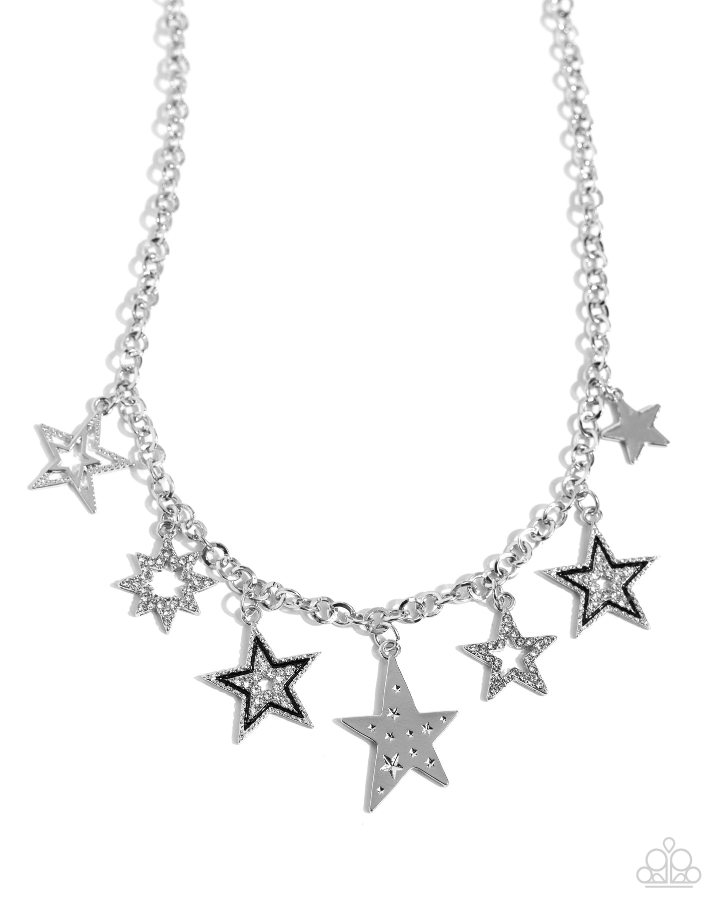 Starstruck Sentiment - Black & Silver Stars White Rhinestone Necklace Paparazzi N2166