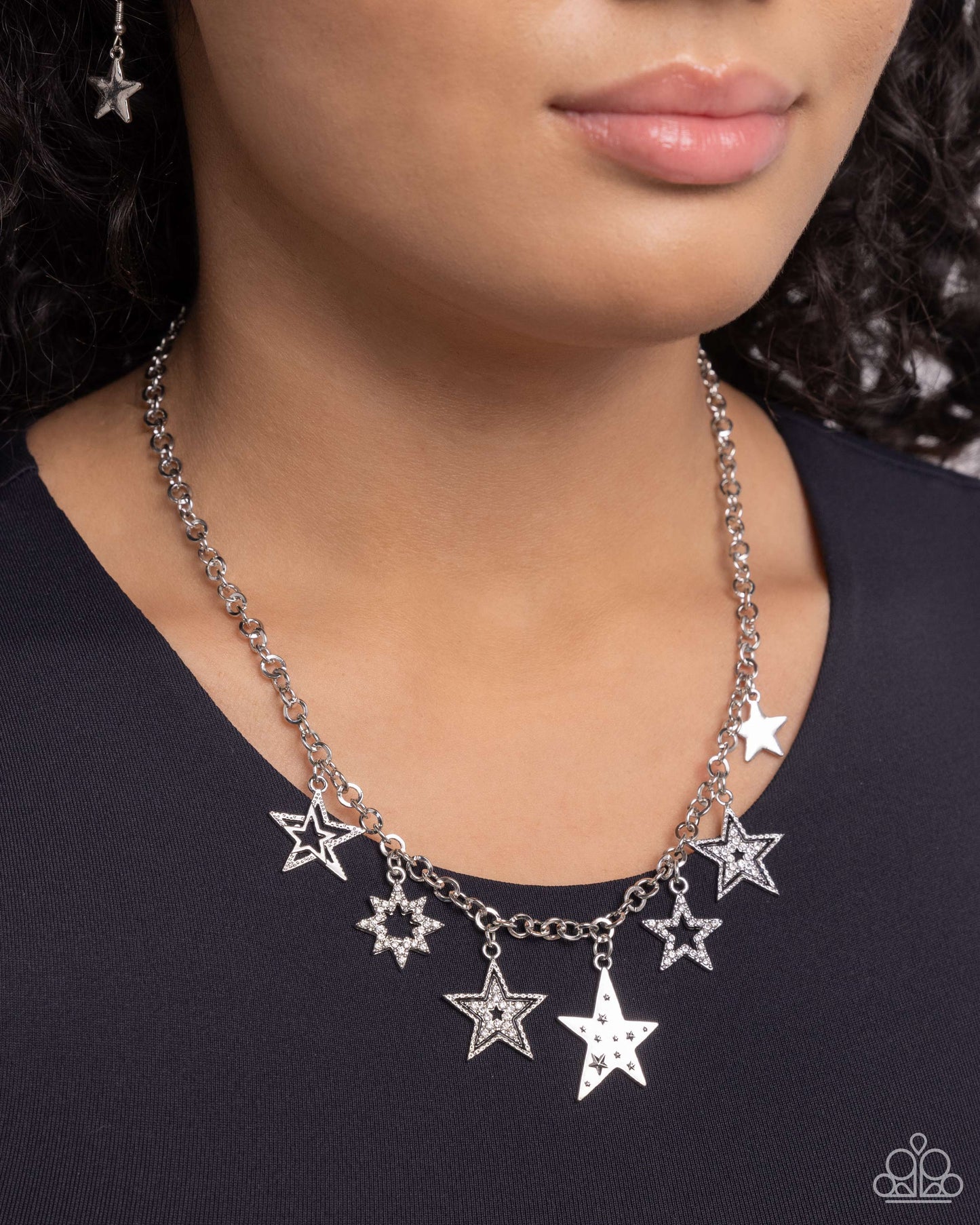 Starstruck Sentiment - Black & Silver Stars White Rhinestone Necklace Paparazzi N2166