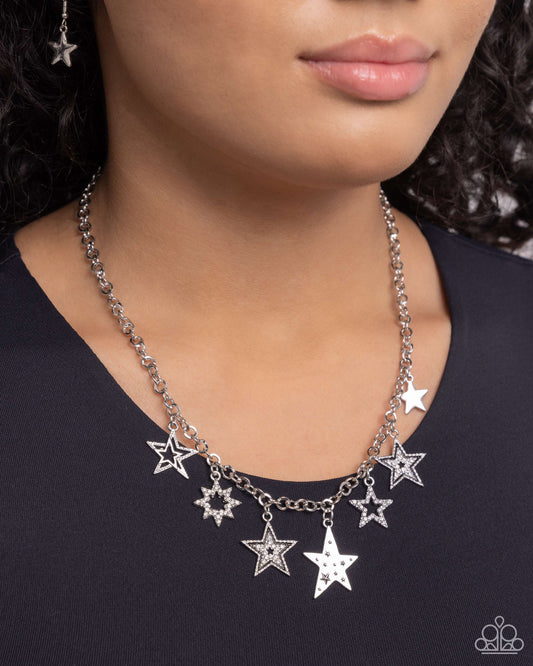 Starstruck Sentiment - Black & Silver Stars White Rhinestone Necklace Paparazzi N2166