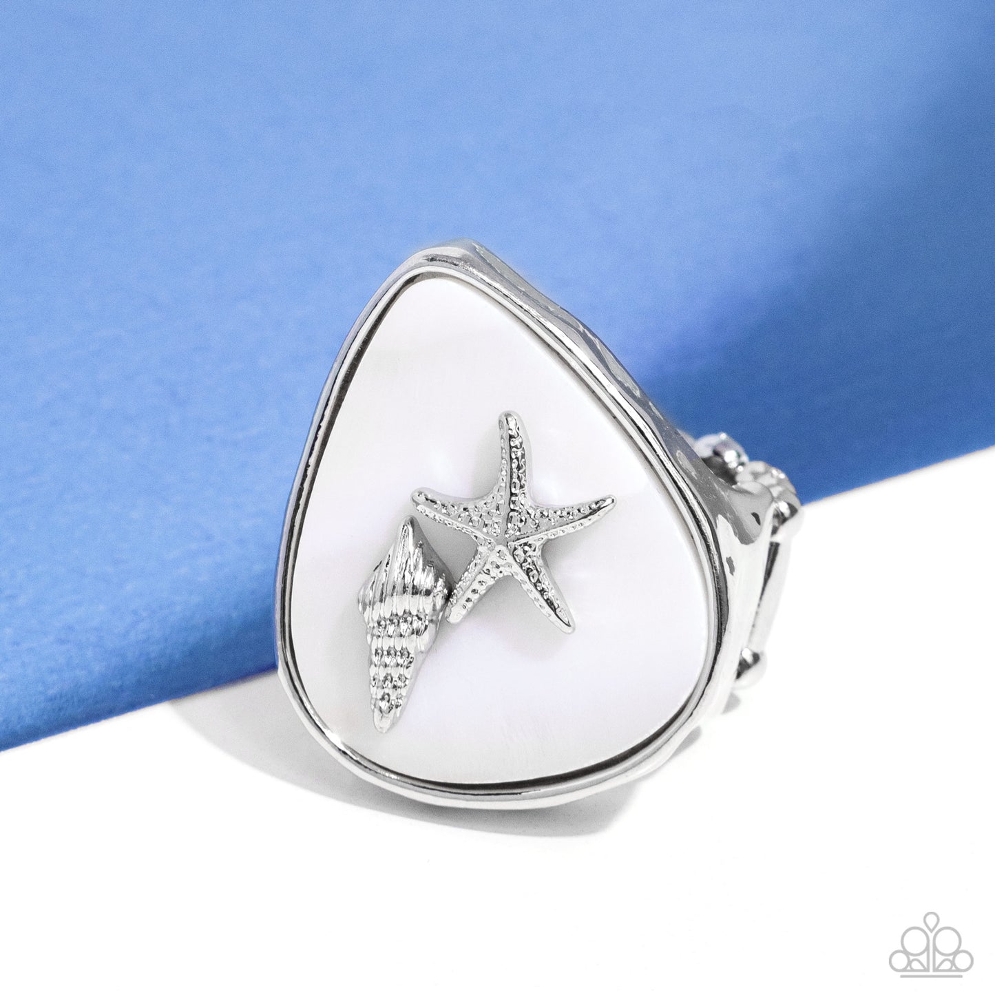 Seaside Serendipity - White Shell, Silver Seashell & Starfish Ring Paparazzi R0692