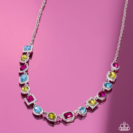 Gallery Glam - Multicolored - Aquamarine, Olive, Fuchsia, Gem Necklace Paparazzi N2264