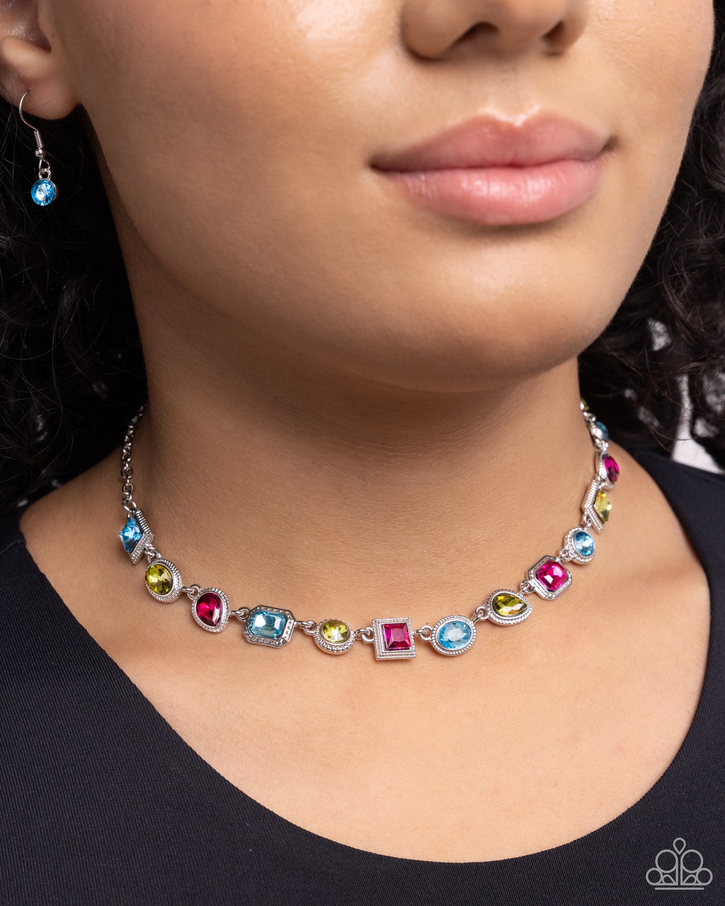 Gallery Glam - Multicolored - Aquamarine, Olive, Fuchsia, Gem Necklace Paparazzi N2264