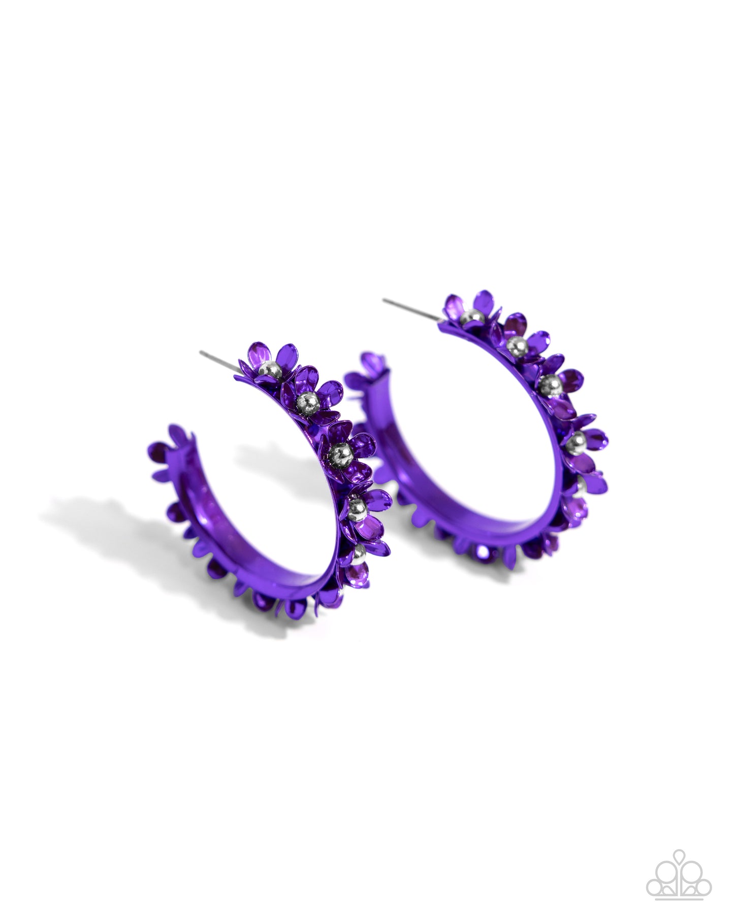 Fashionable Flower Crown - Purple Metallic Flower 1 1/4 Inch Hoop Earring Paparazzi E2266