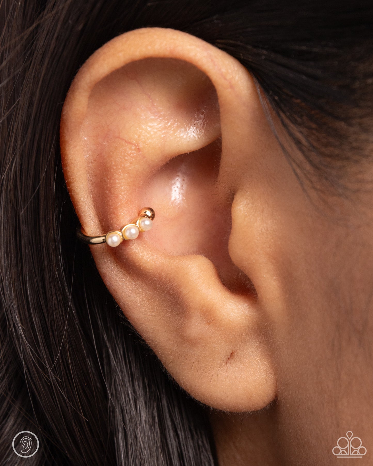 Ballerina Backdrop - Gold & White Pearl Hoop Ear Cuff Paparazzi E1883