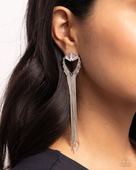 Elongated Effervescence - White Gem Silver Teardrop Chain Tassel Earring Paparazzi E1868